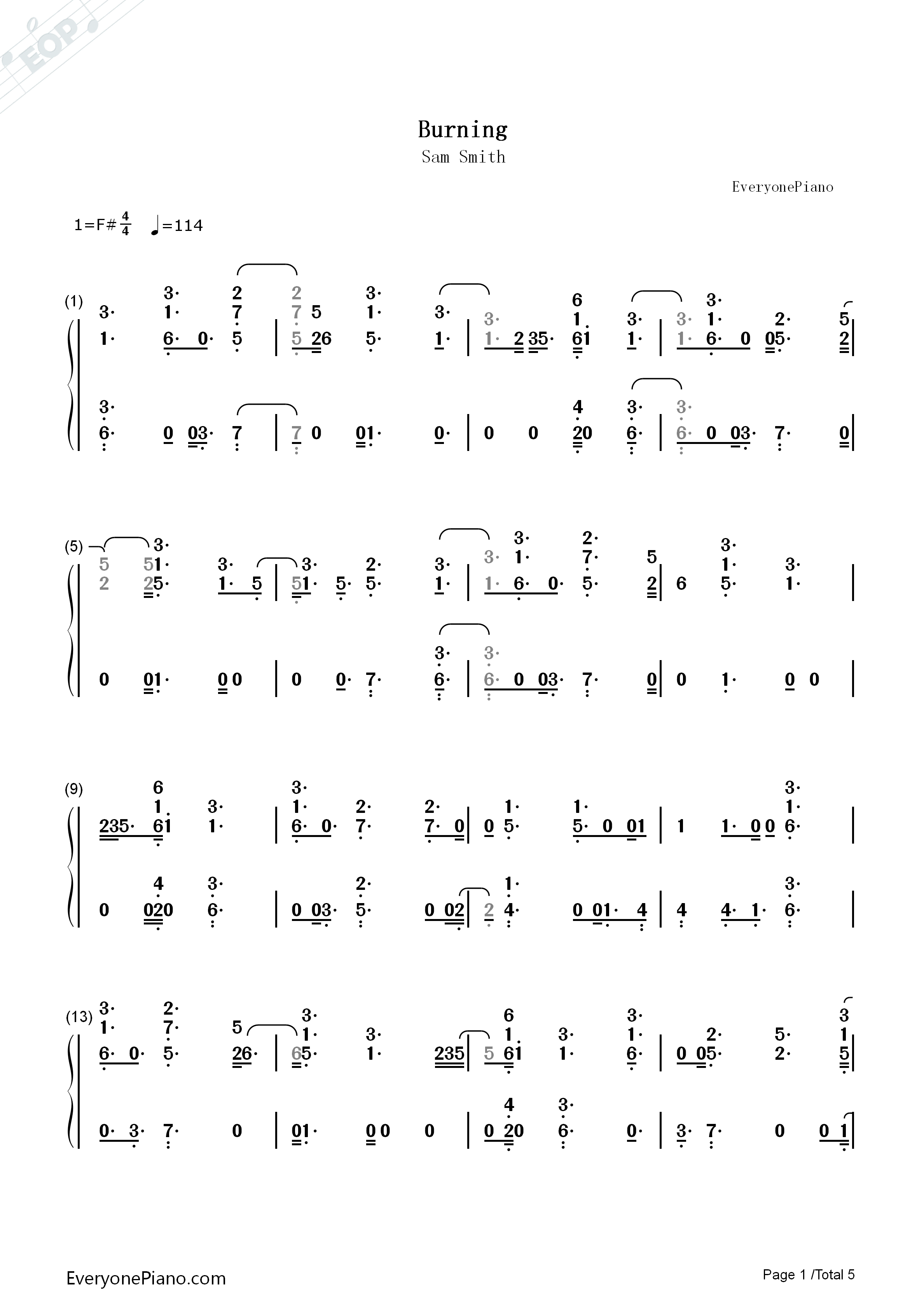 Burning钢琴简谱_Sam_Smith演唱
