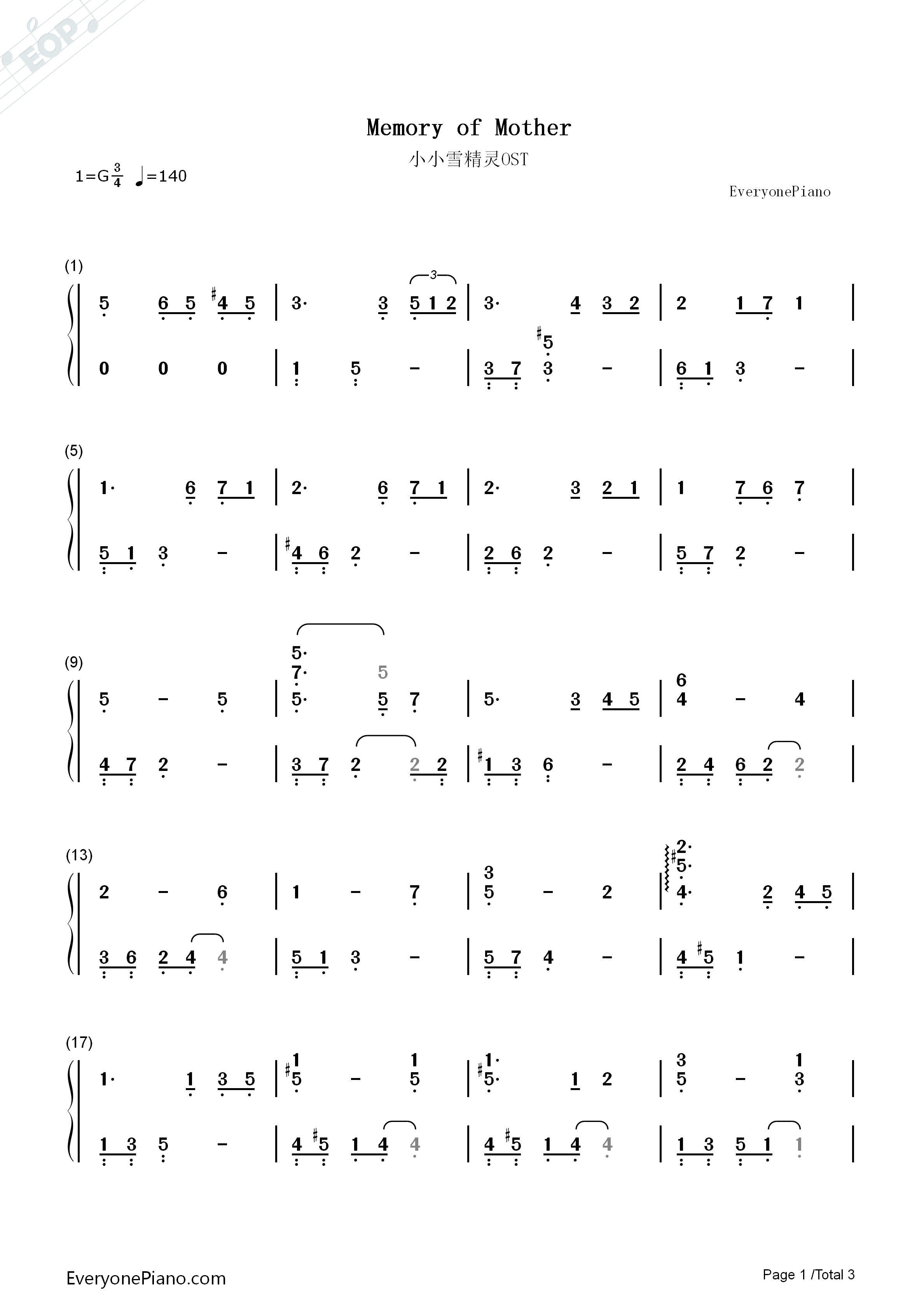 Memory_of_Mother钢琴简谱_光宗信吉演唱