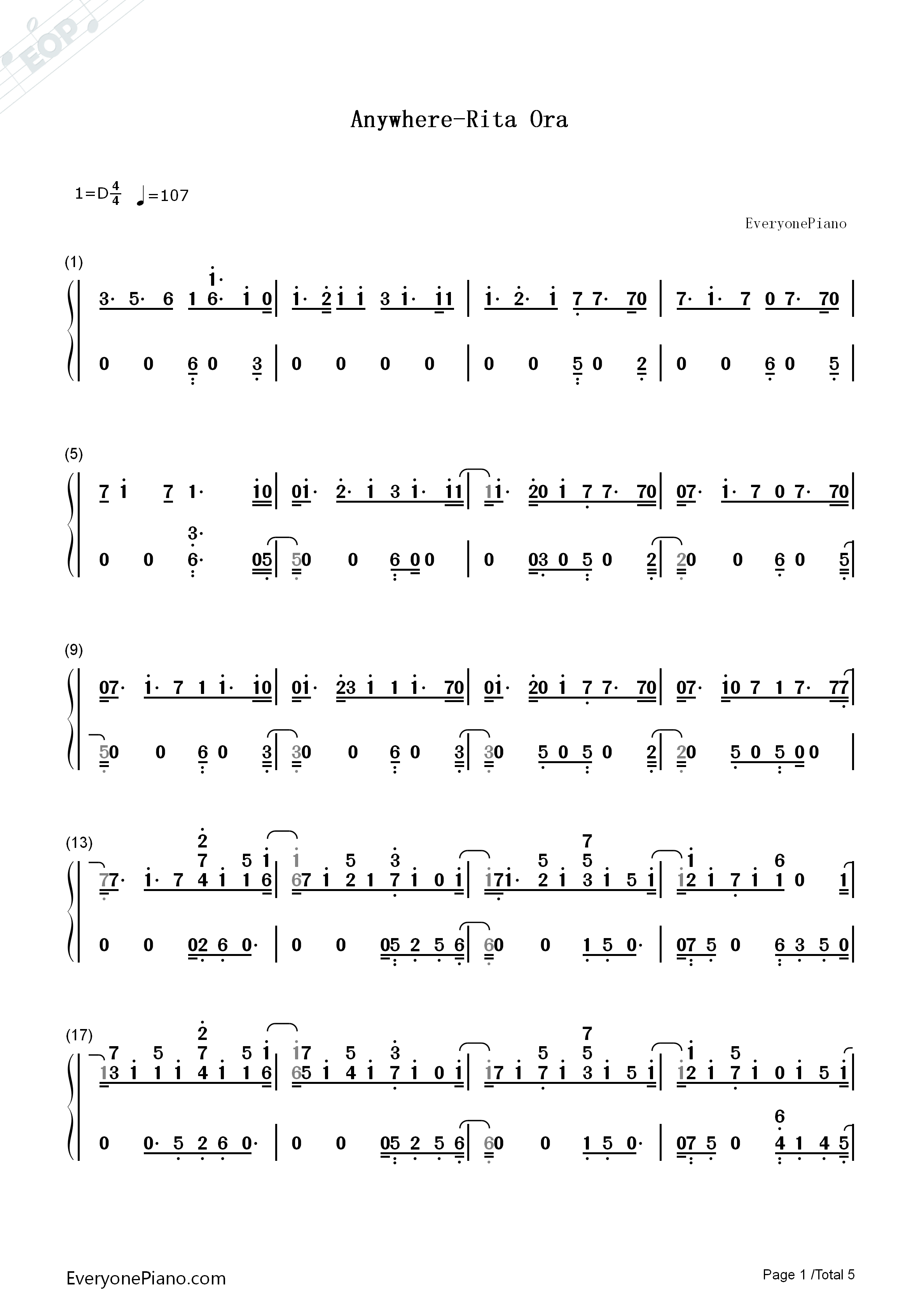 Anywhere钢琴简谱_Rita_Ora演唱