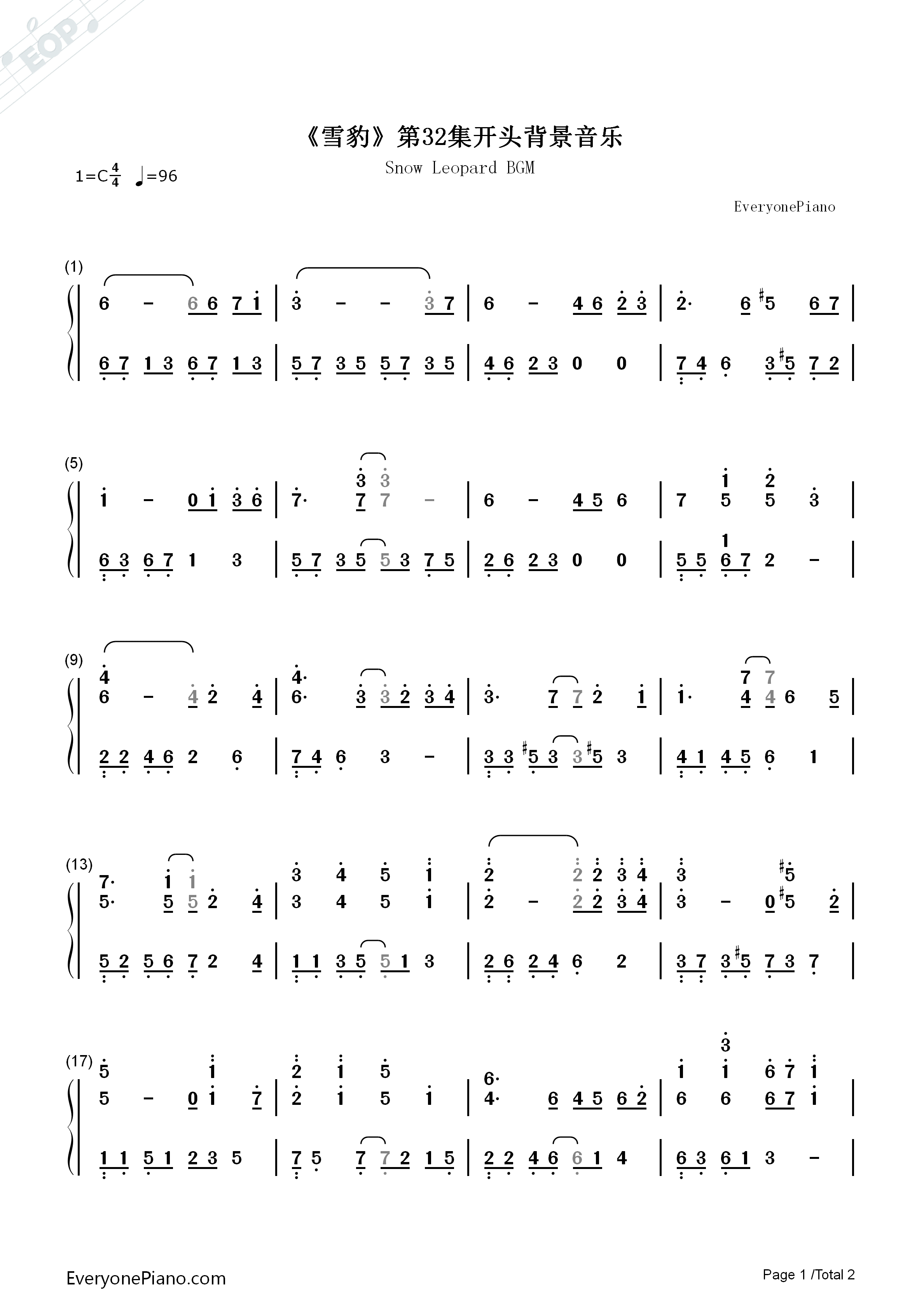 雪豹第32集背景音乐钢琴简谱_雪豹演唱
