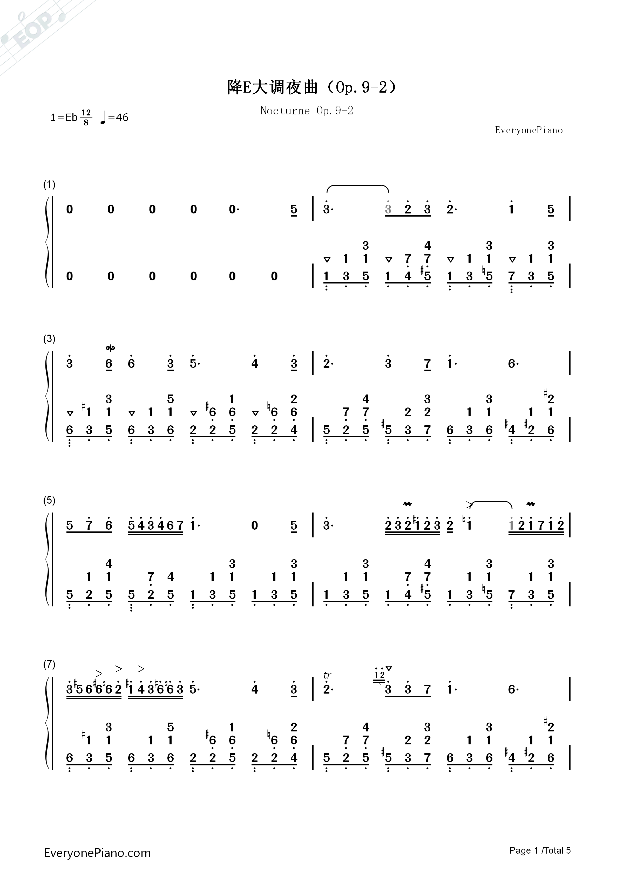 降E大调夜曲钢琴简谱_肖邦演唱