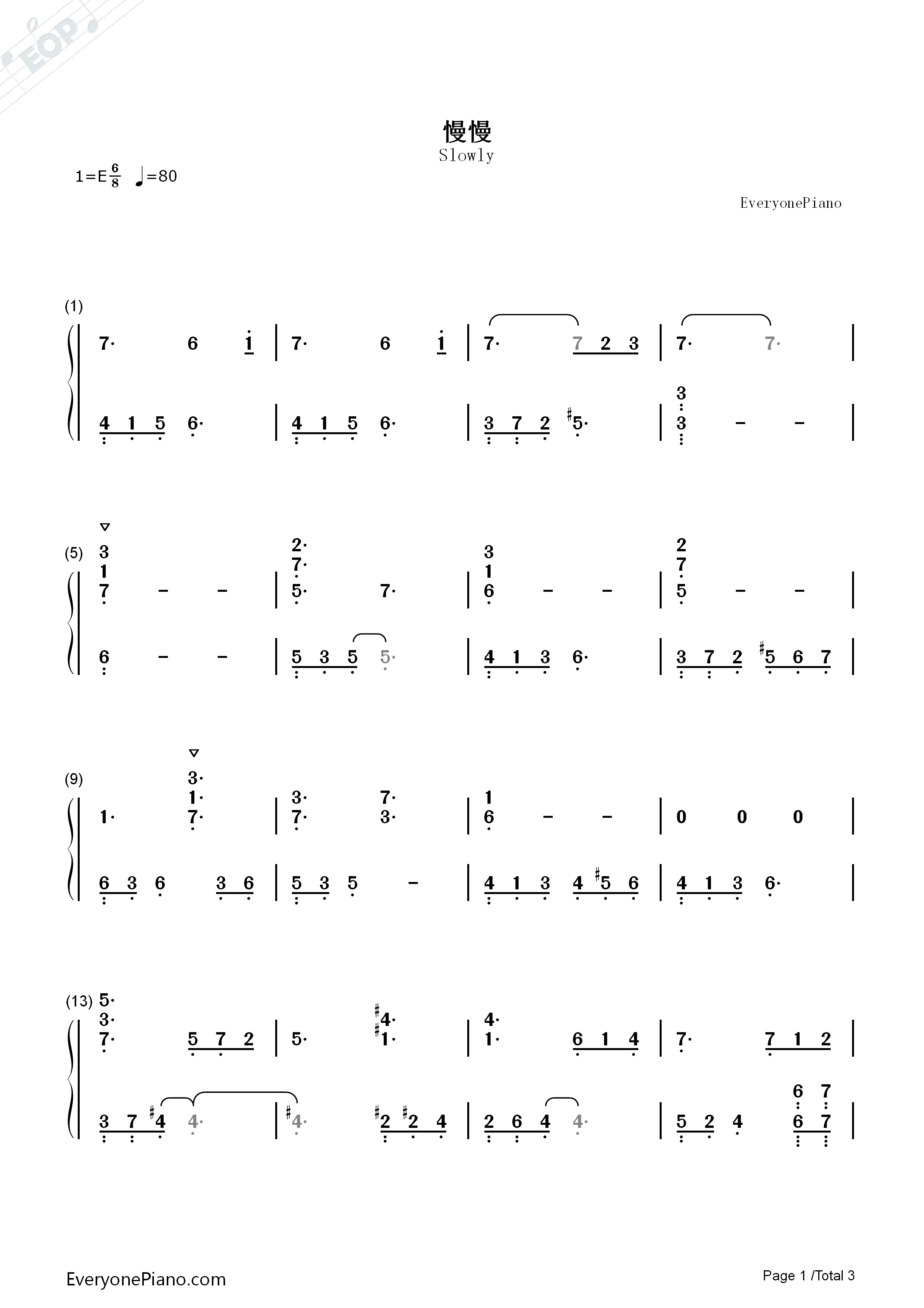 _慢慢_钢琴简谱_王乃恩__张学友演唱