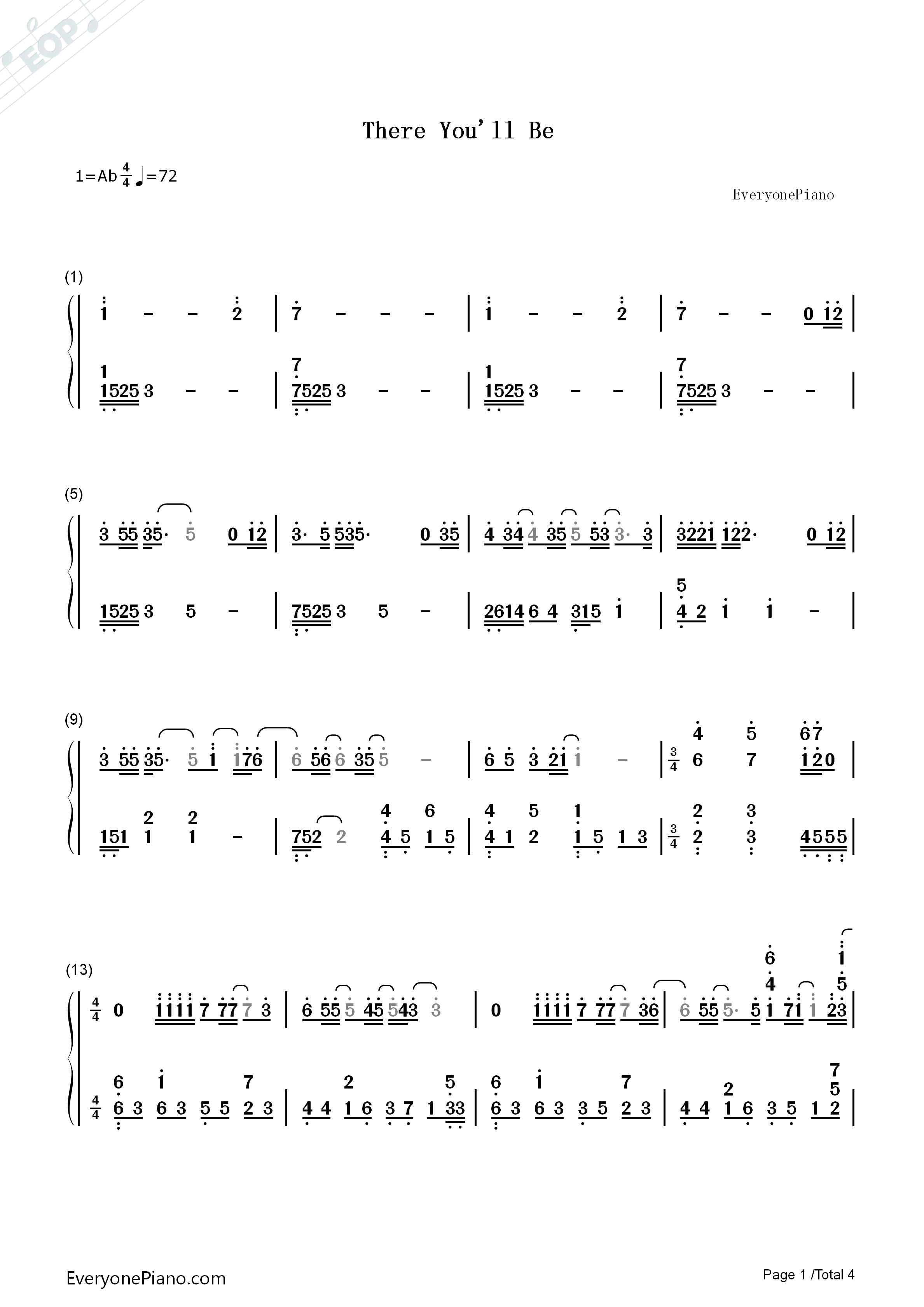 There_You'll_Be钢琴简谱_Faith_Hill__费丝希尔演唱