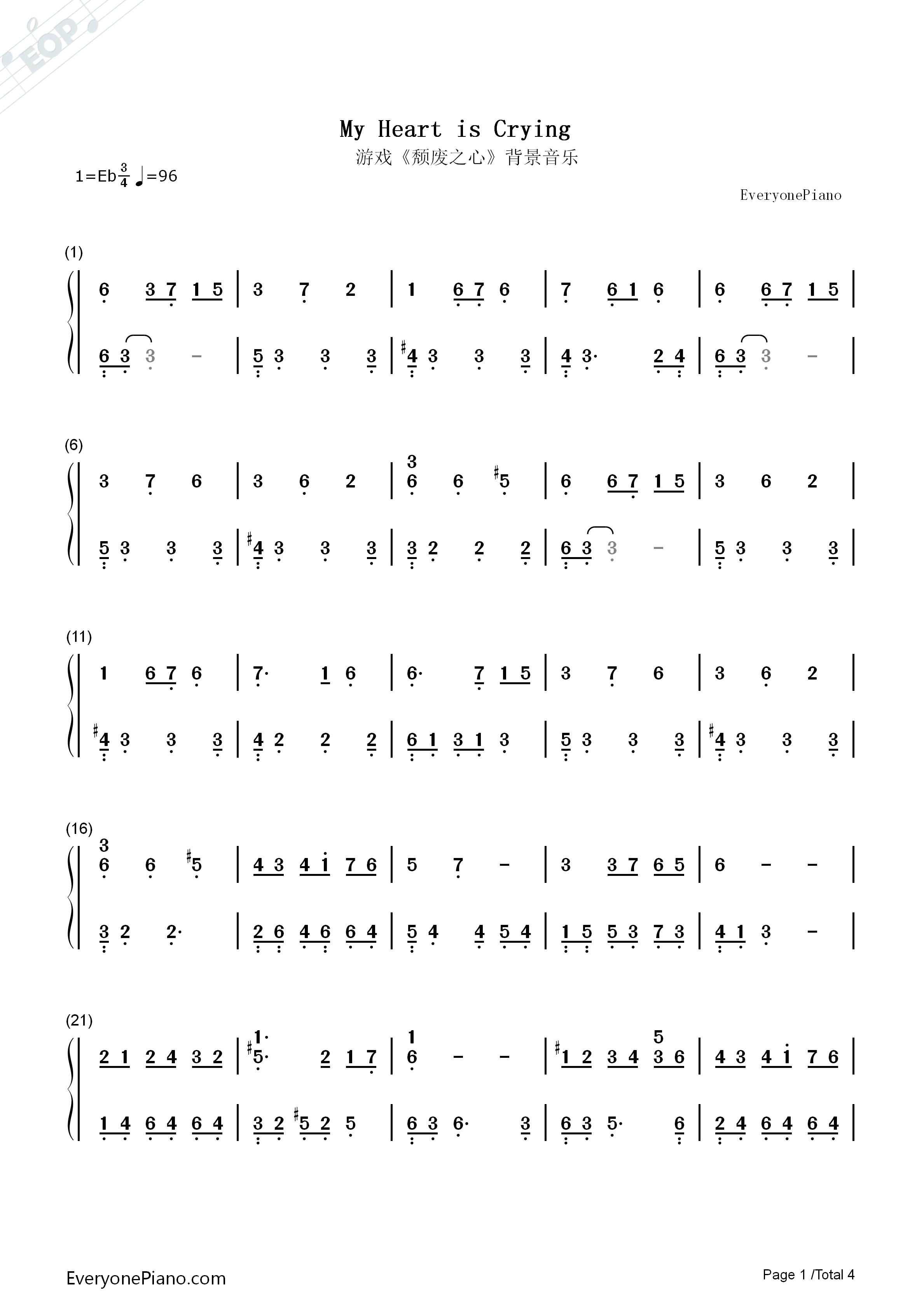 My_Heart_Is_Crying钢琴简谱_Stairway_Games演唱