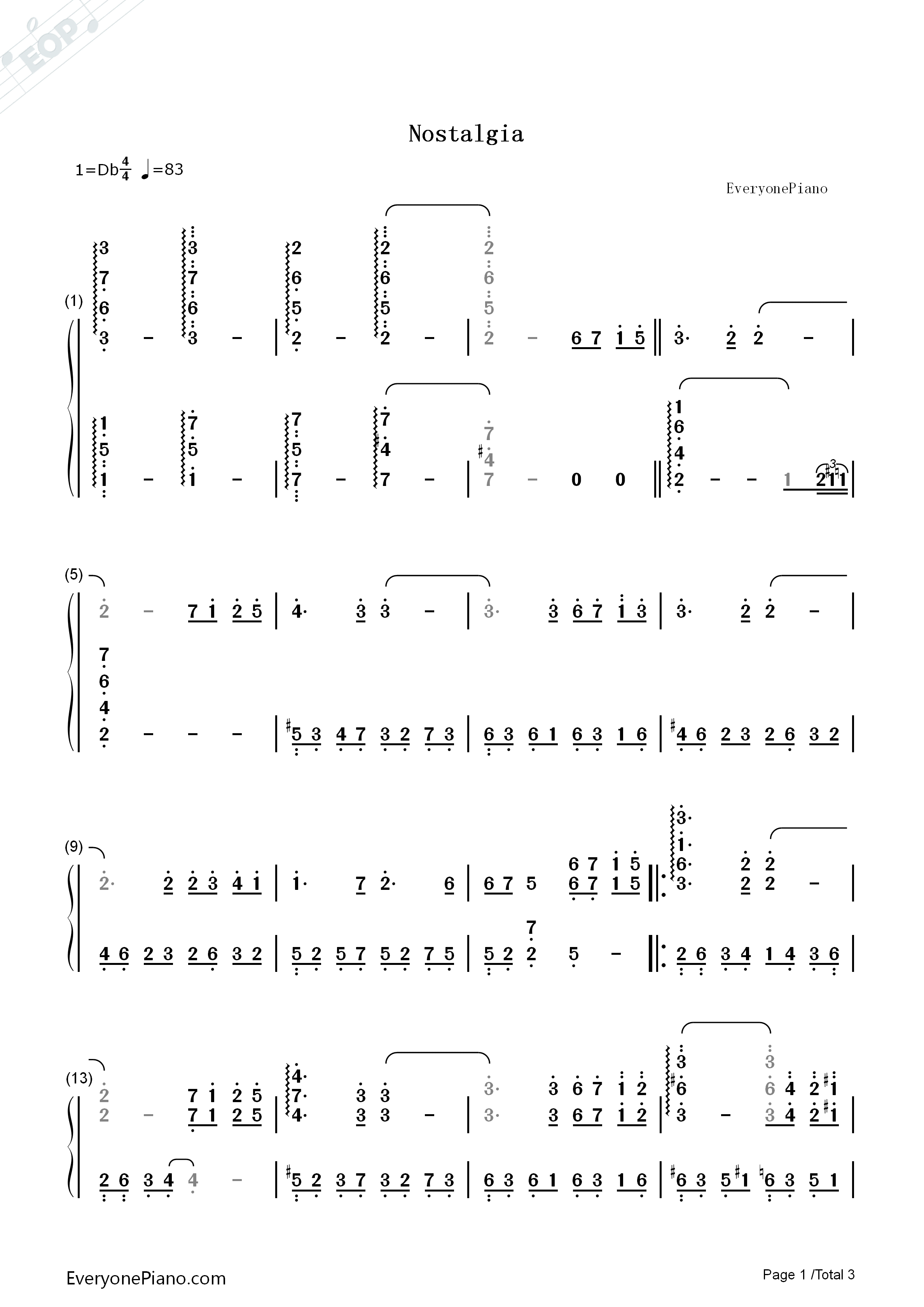 Nostalgia钢琴简谱_久石让演唱