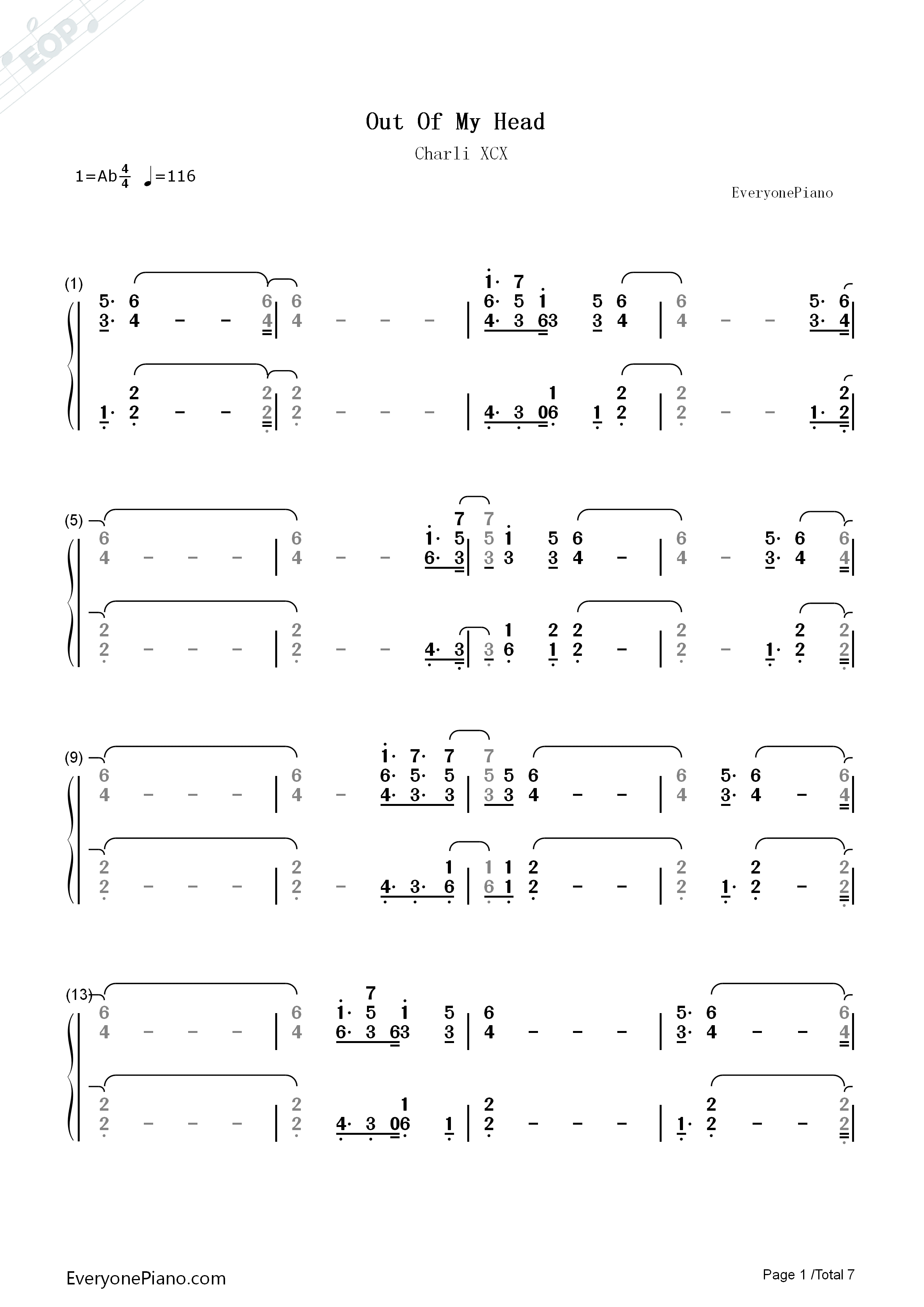 Out_Of_My_Head钢琴简谱_Charli_XCX演唱