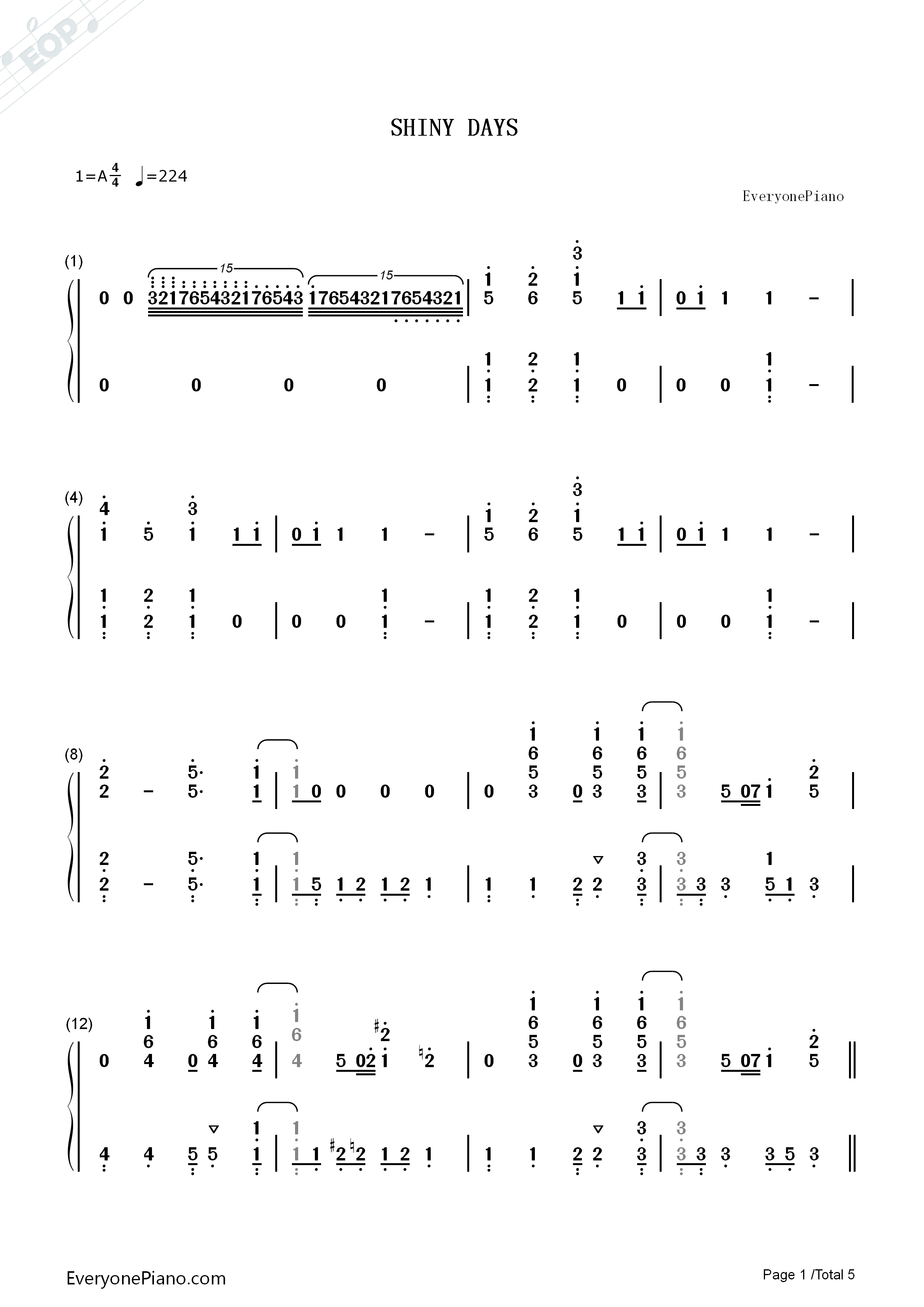 SHINY_DAYS钢琴简谱_亚咲花演唱