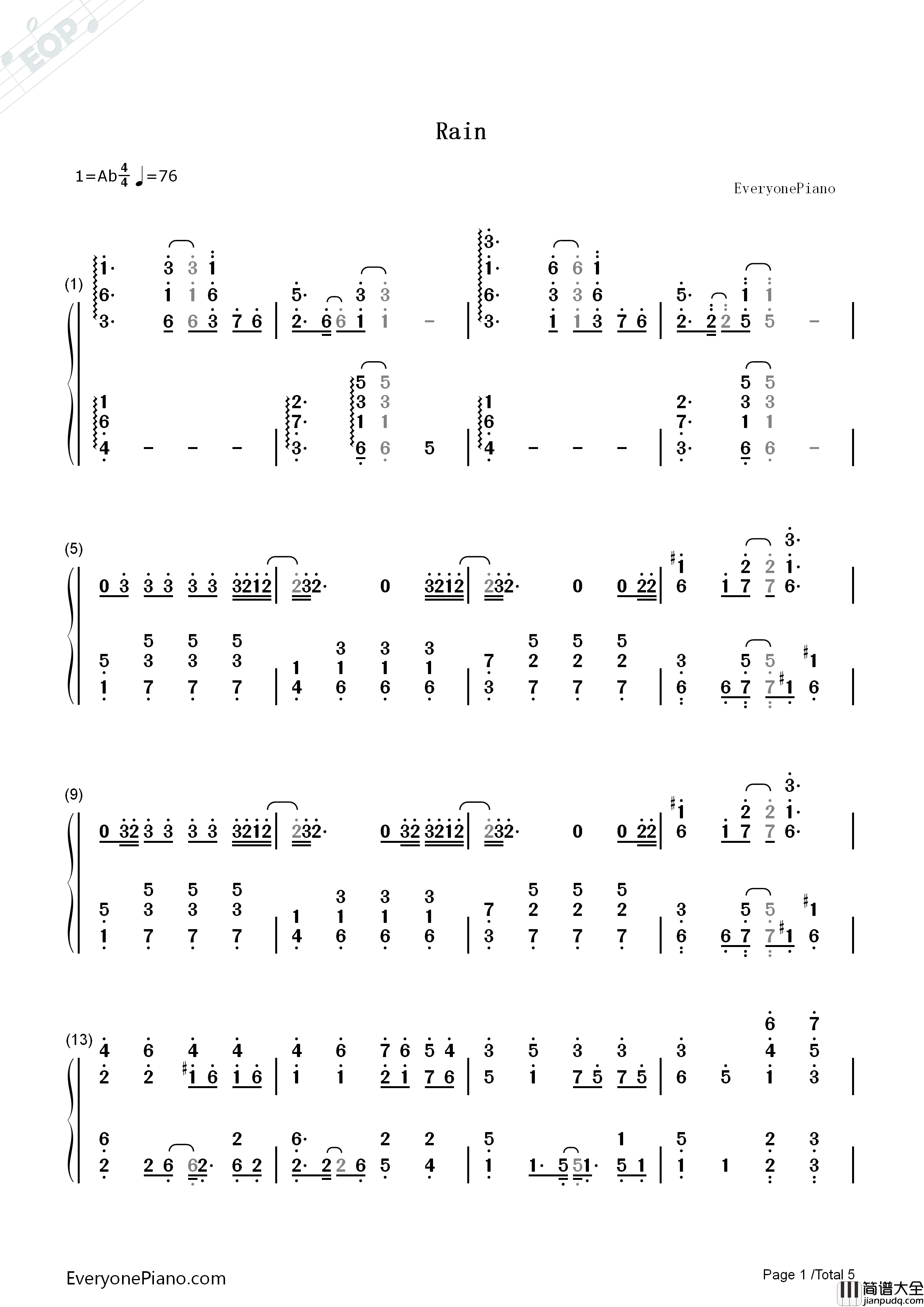 Rain钢琴简谱_金泰妍演唱