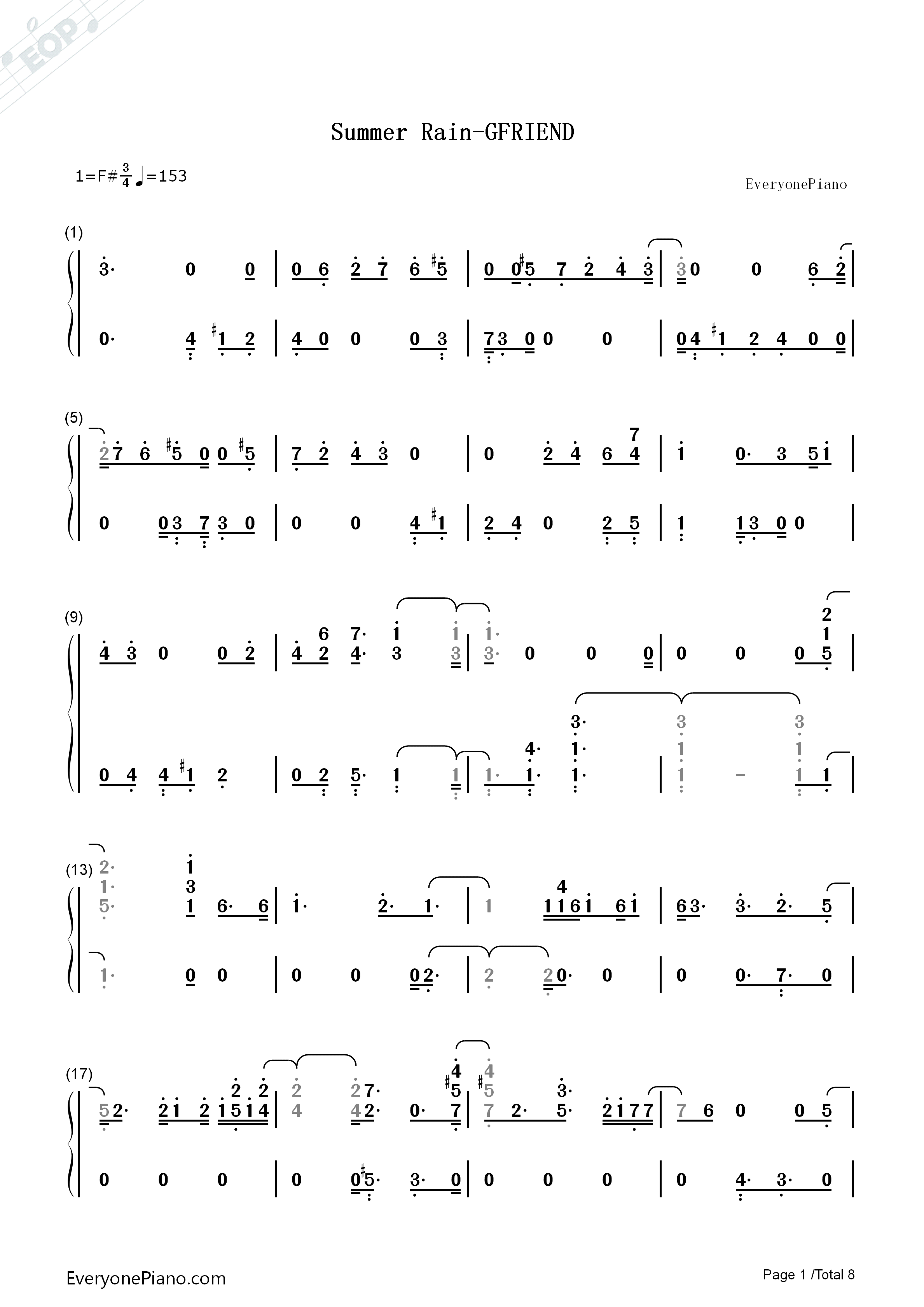 Summer_Rain钢琴简谱_GFriend演唱