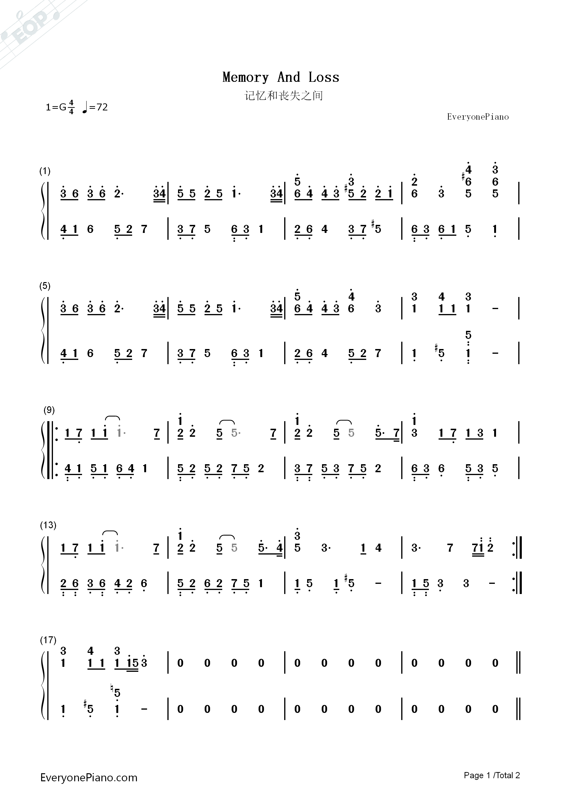 记忆和丧失之间钢琴简谱_Crepe演唱