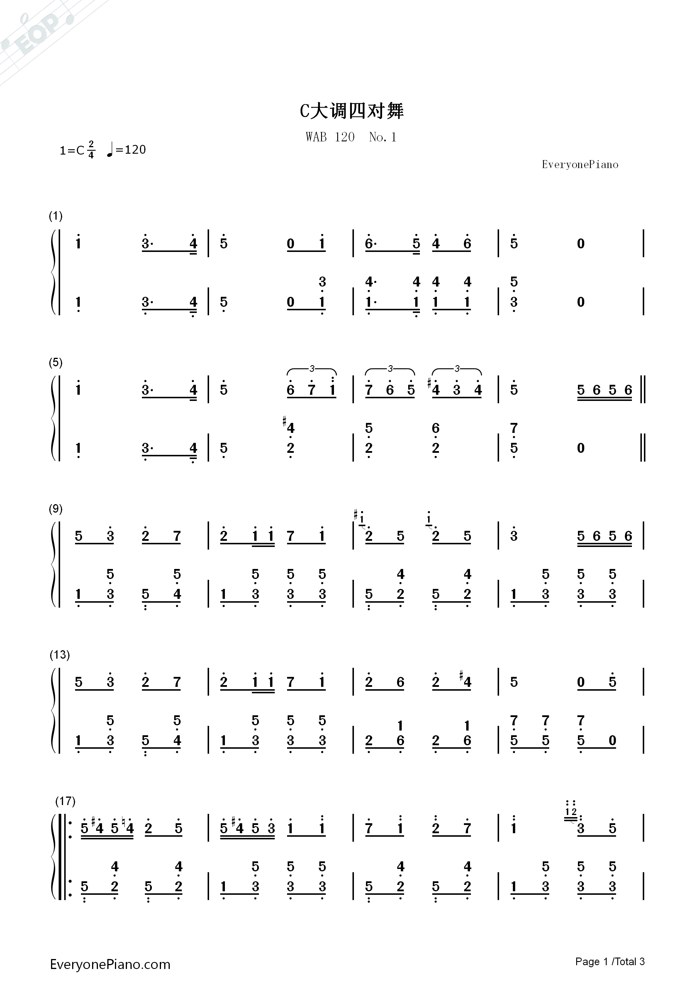 C大调四对舞钢琴简谱_布鲁克纳演唱