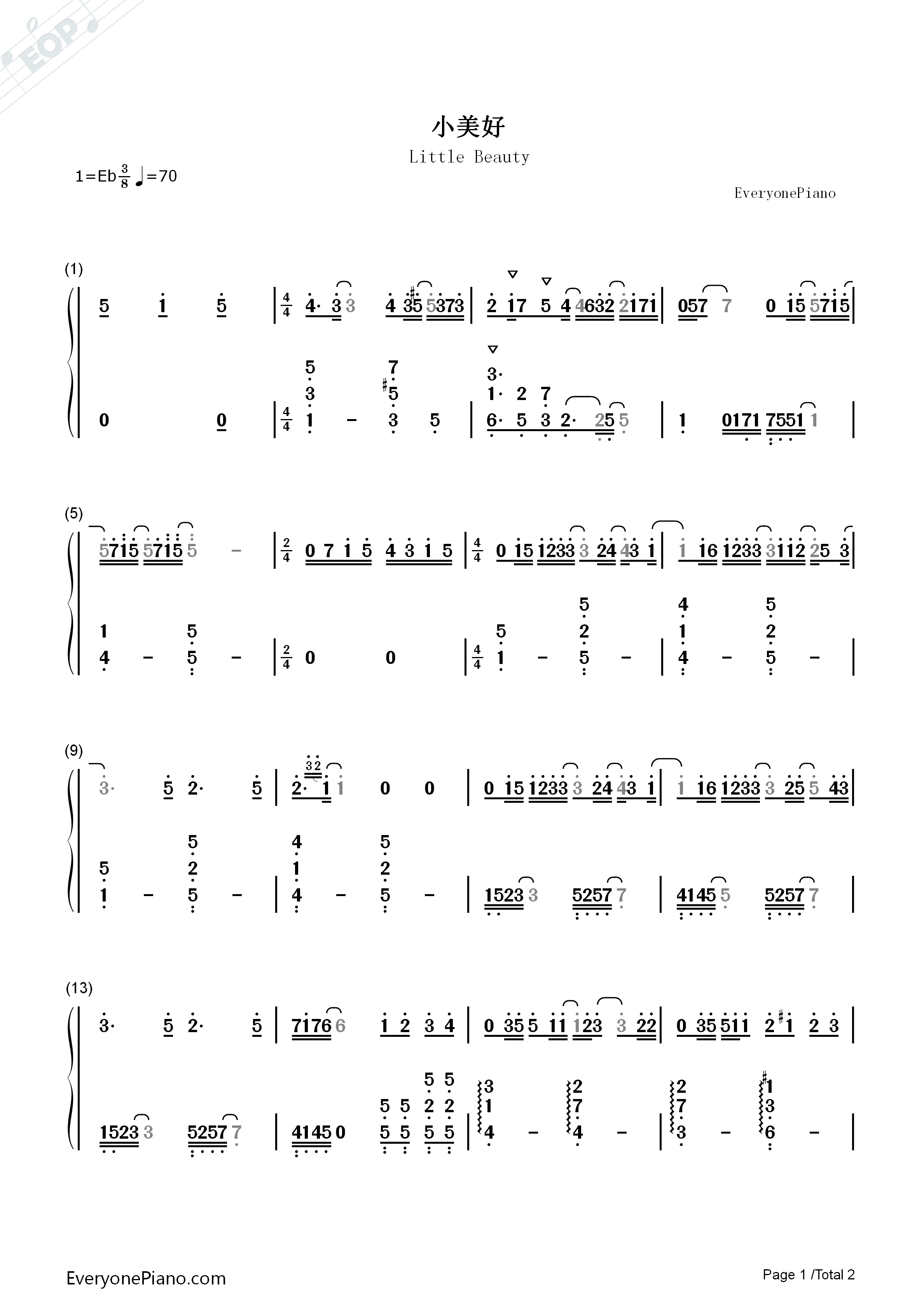 小美好钢琴简谱_冯佳琪演唱