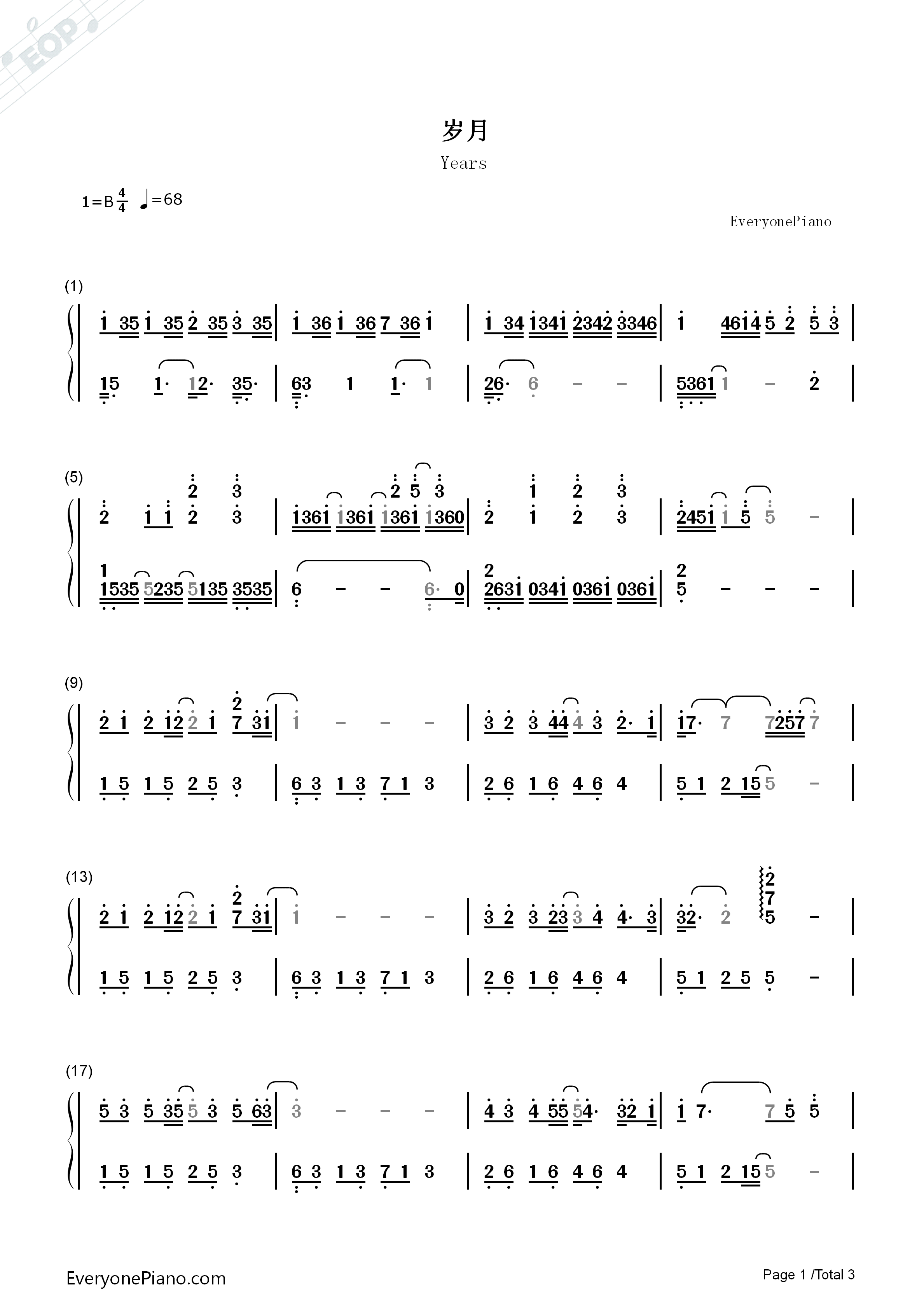 岁月钢琴简谱_王菲_那英演唱