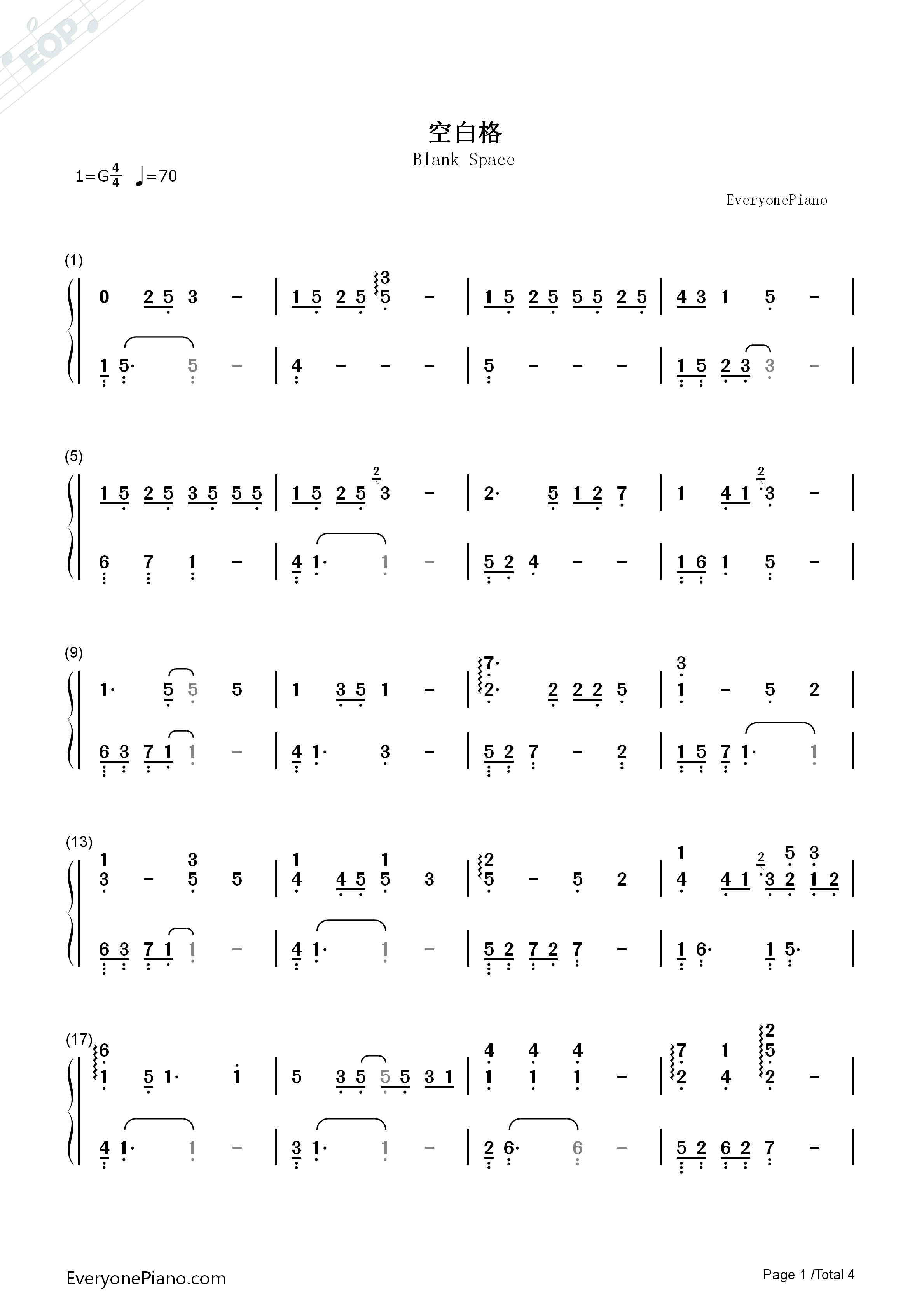 空白格钢琴伴奏钢琴简谱_杨宗纬演唱