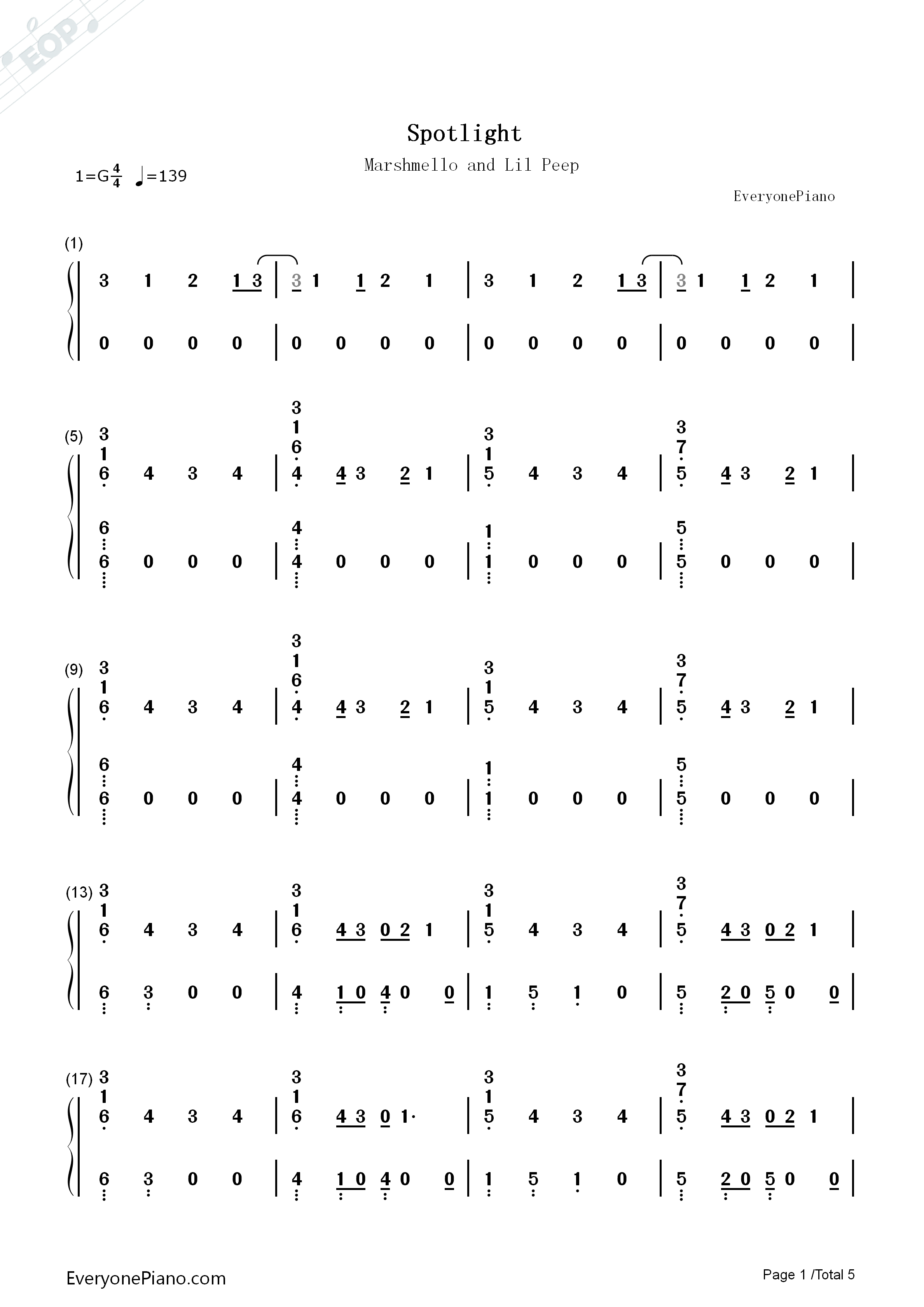 Spotlight钢琴简谱_Marshmello_Lil_Peep演唱