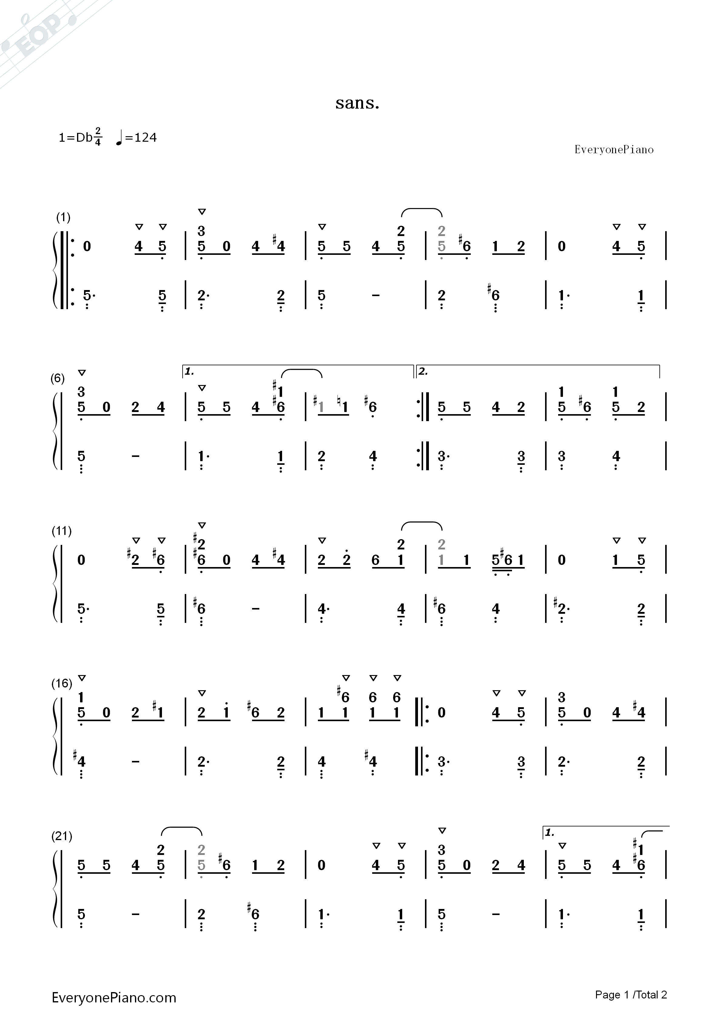 sans钢琴简谱_Toby_Fox演唱