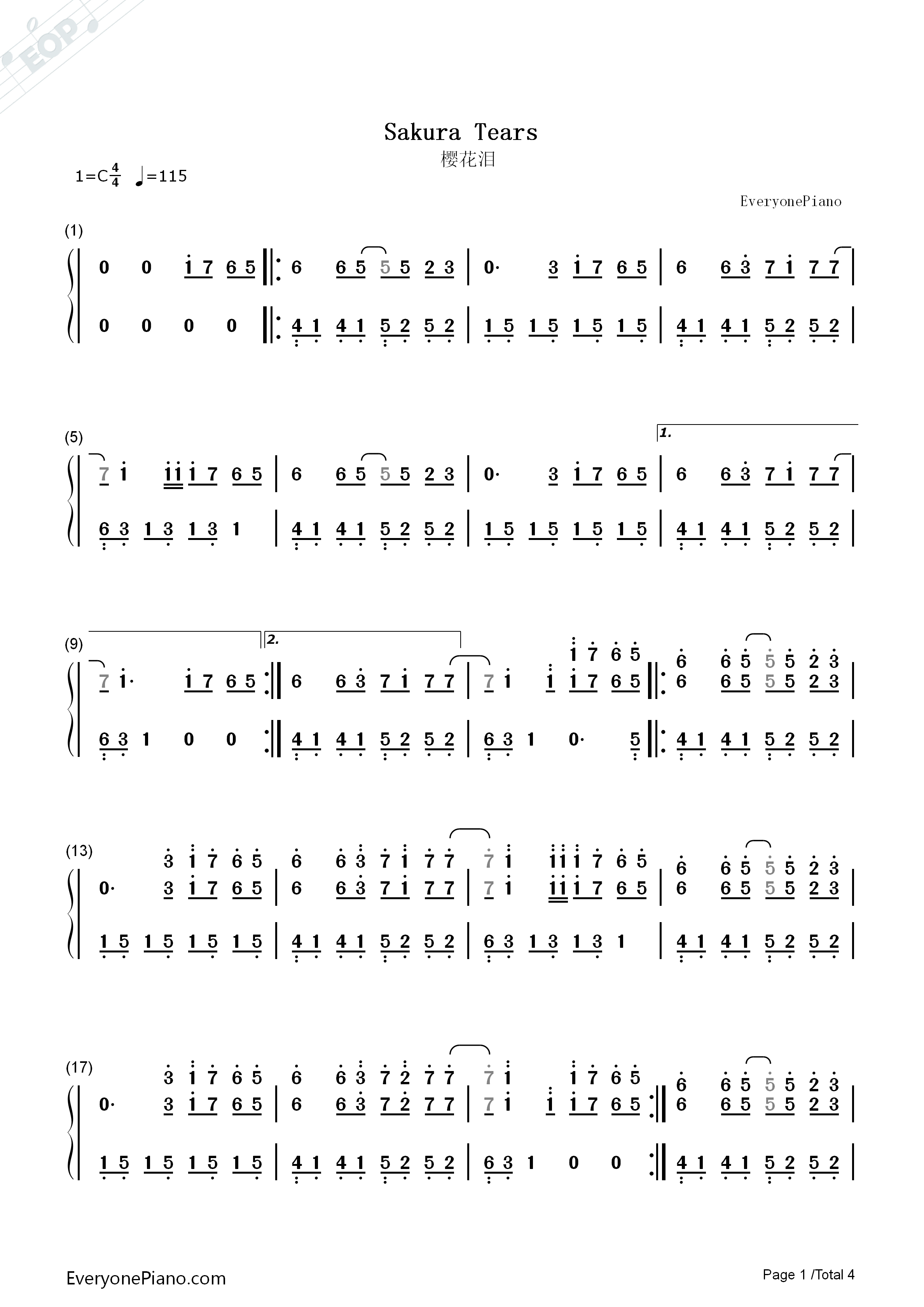Sakura_Tears钢琴简谱_Snigellin演唱