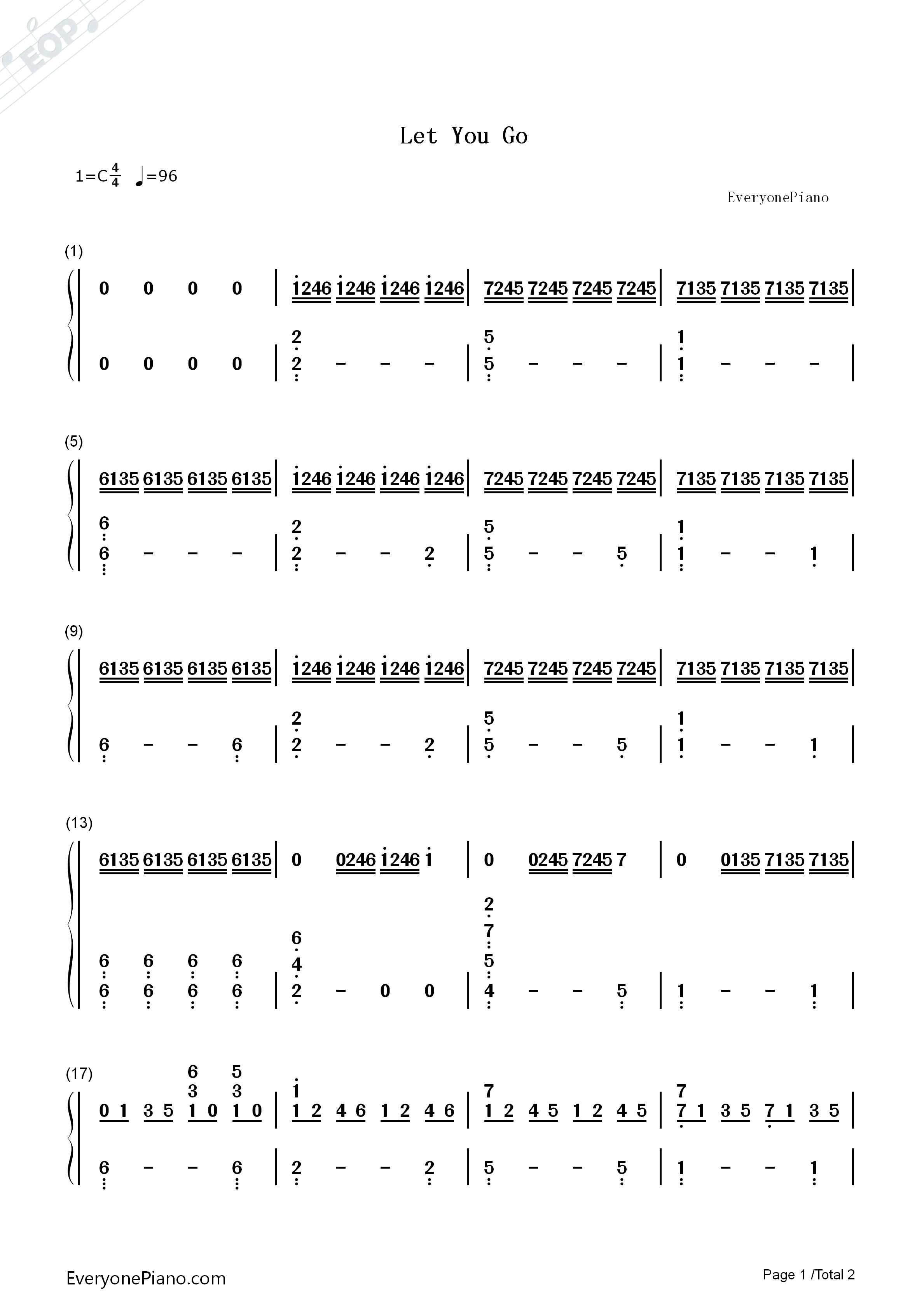 Let_You_Go钢琴简谱_牛奶咖啡演唱