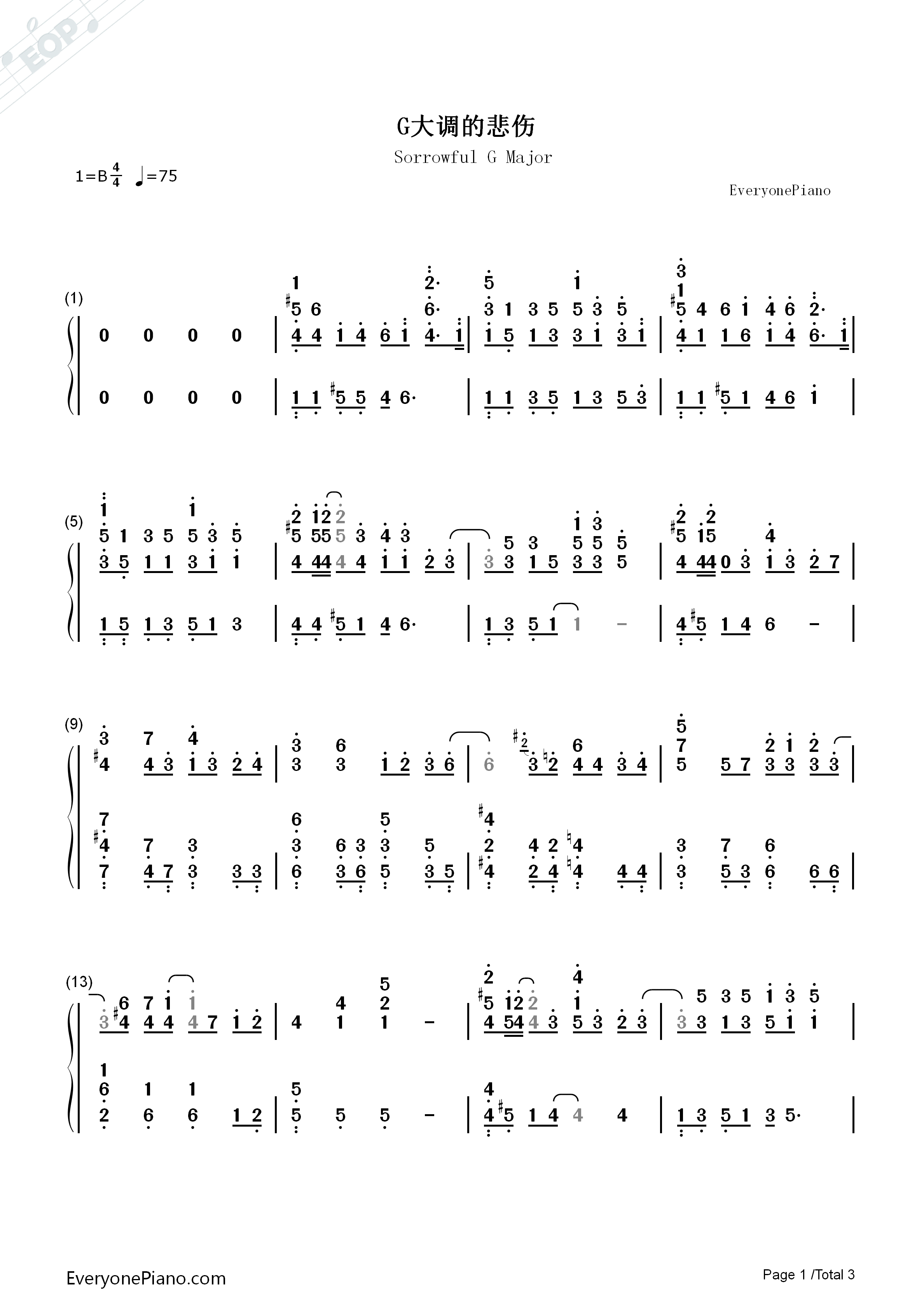 G大调的悲伤钢琴简谱_张靓颖演唱