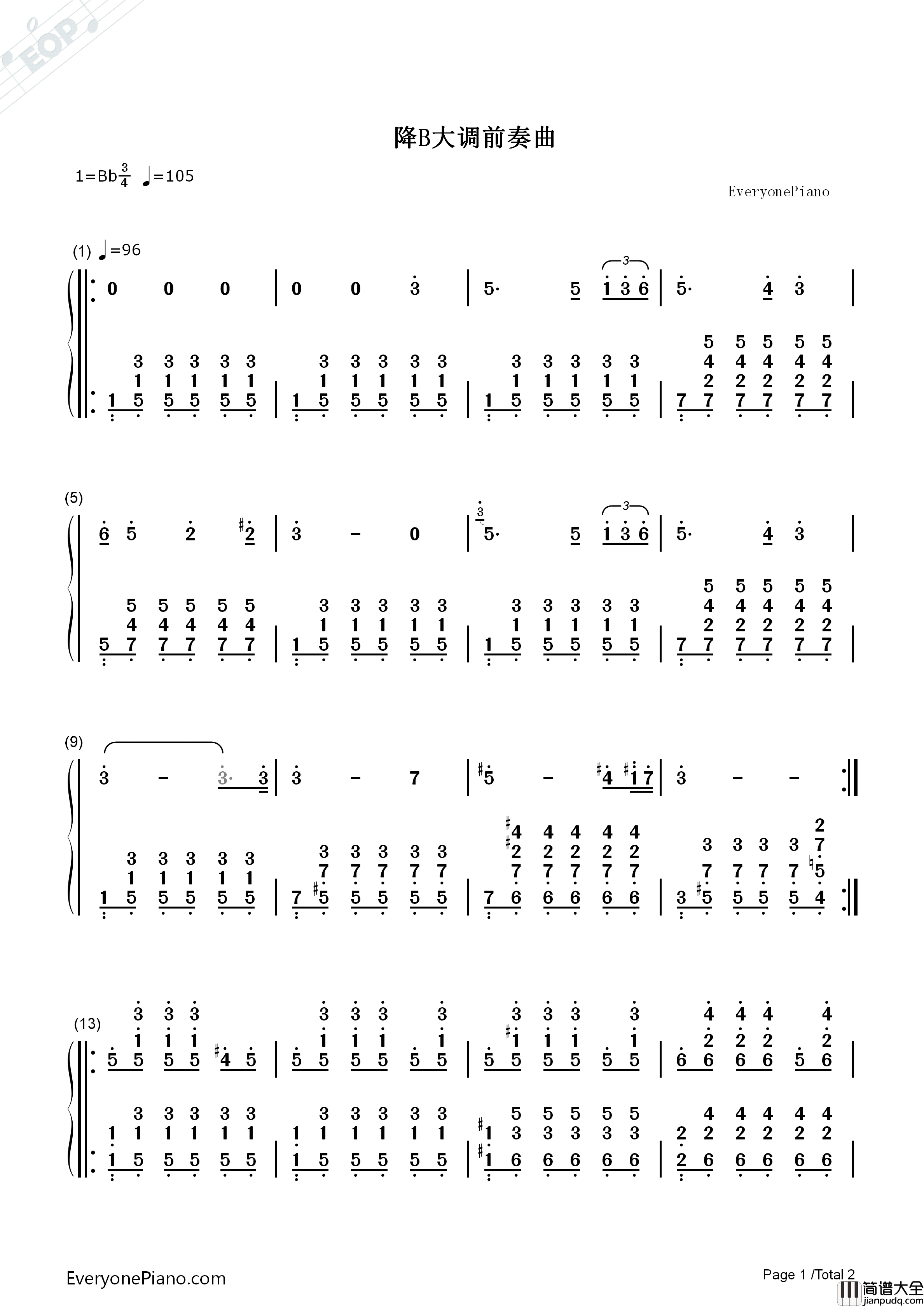 降B大调前奏曲钢琴简谱_未知演唱