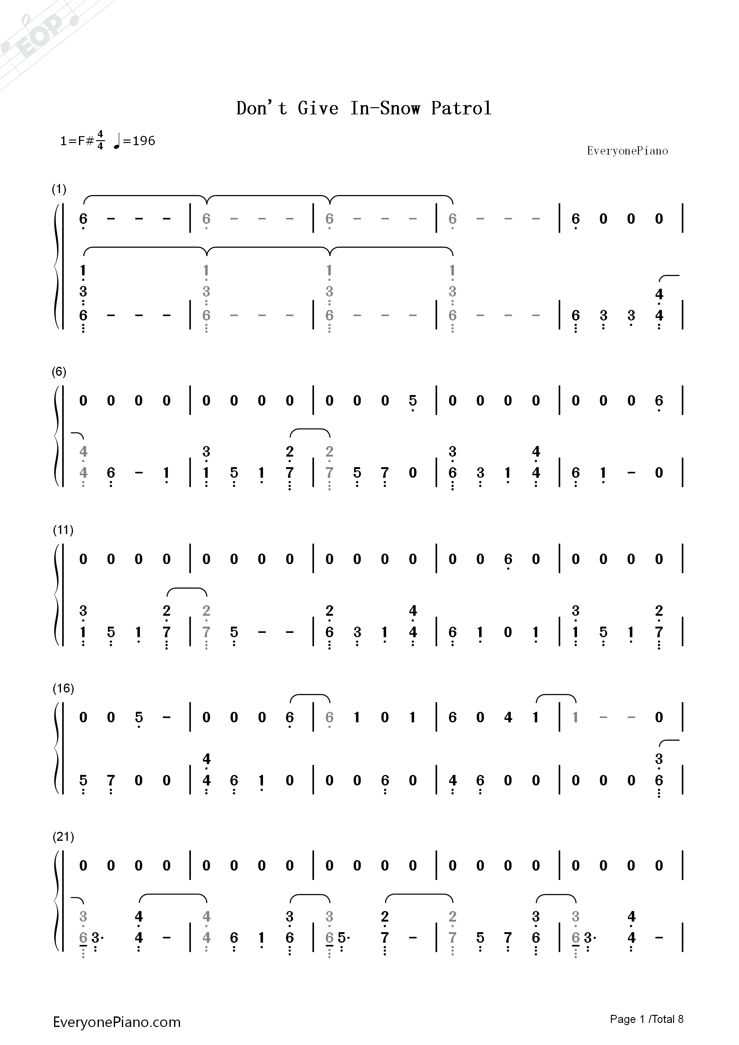 Don't_Give_In钢琴简谱_Snow_Patrol演唱