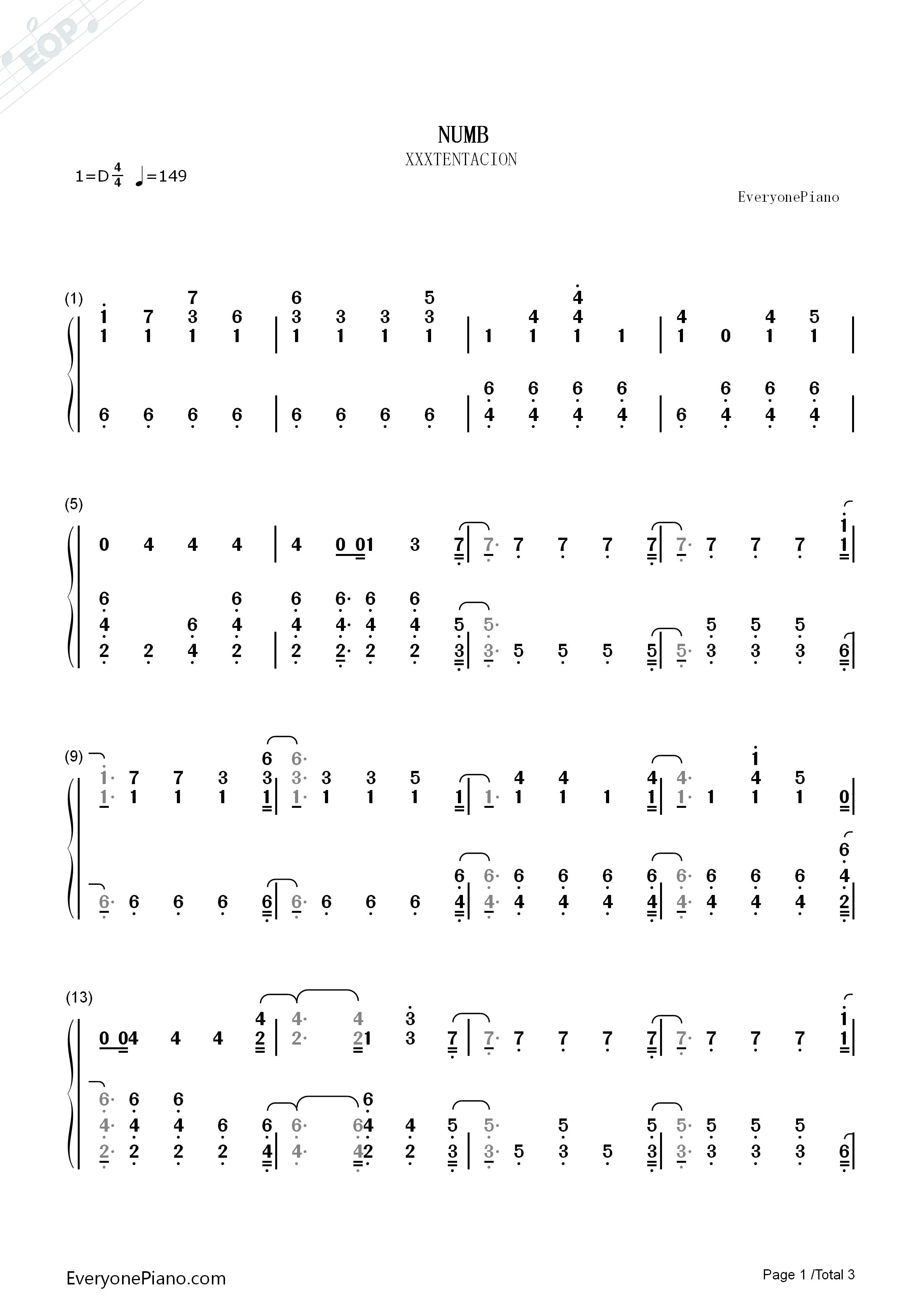 Numb钢琴简谱_XXXTentacion演唱