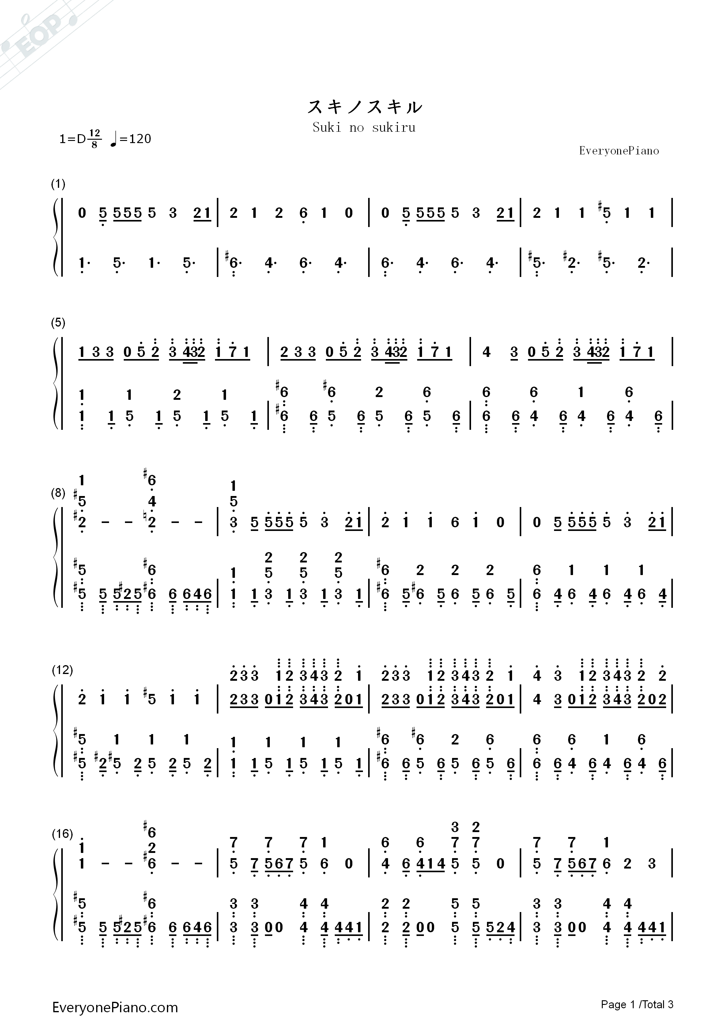 スキノスキル钢琴简谱_Wake_Up_Girls演唱