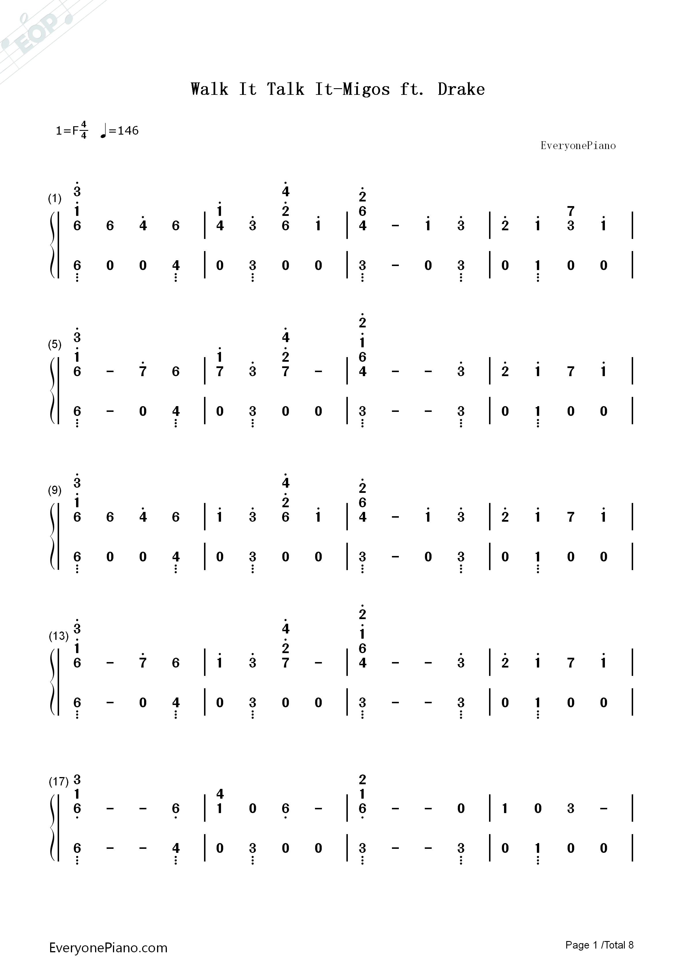 Walk_It_Talk_It钢琴简谱_Migos_Drake演唱