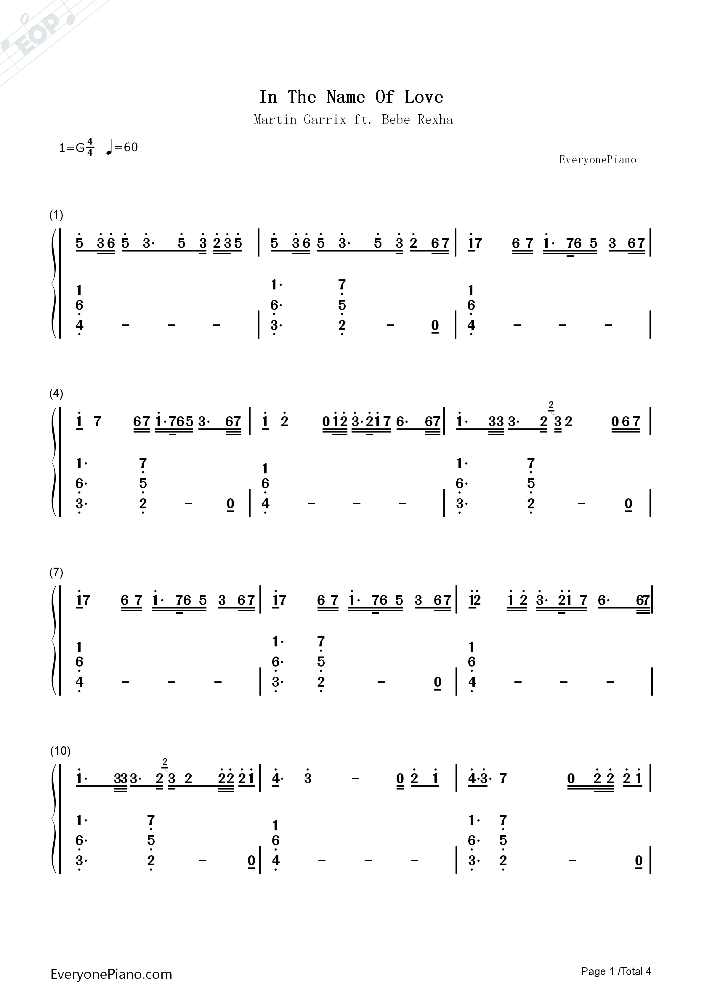 In_the_Name_of_Love钢琴简谱_Martin_Garrix_Bebe_Rexha演唱