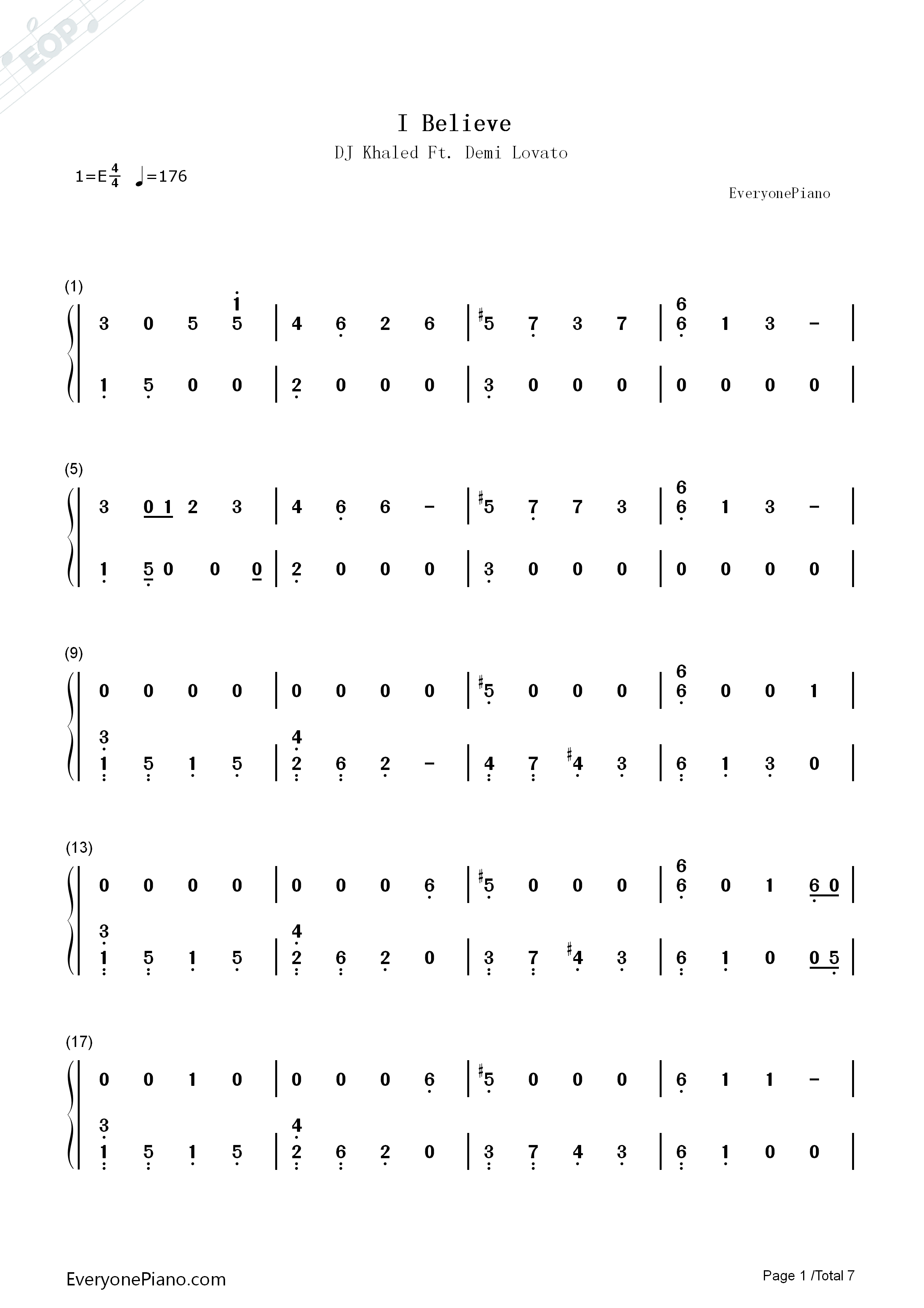 I_Believe钢琴简谱_DJ_Khaled_Demi_Lovato演唱