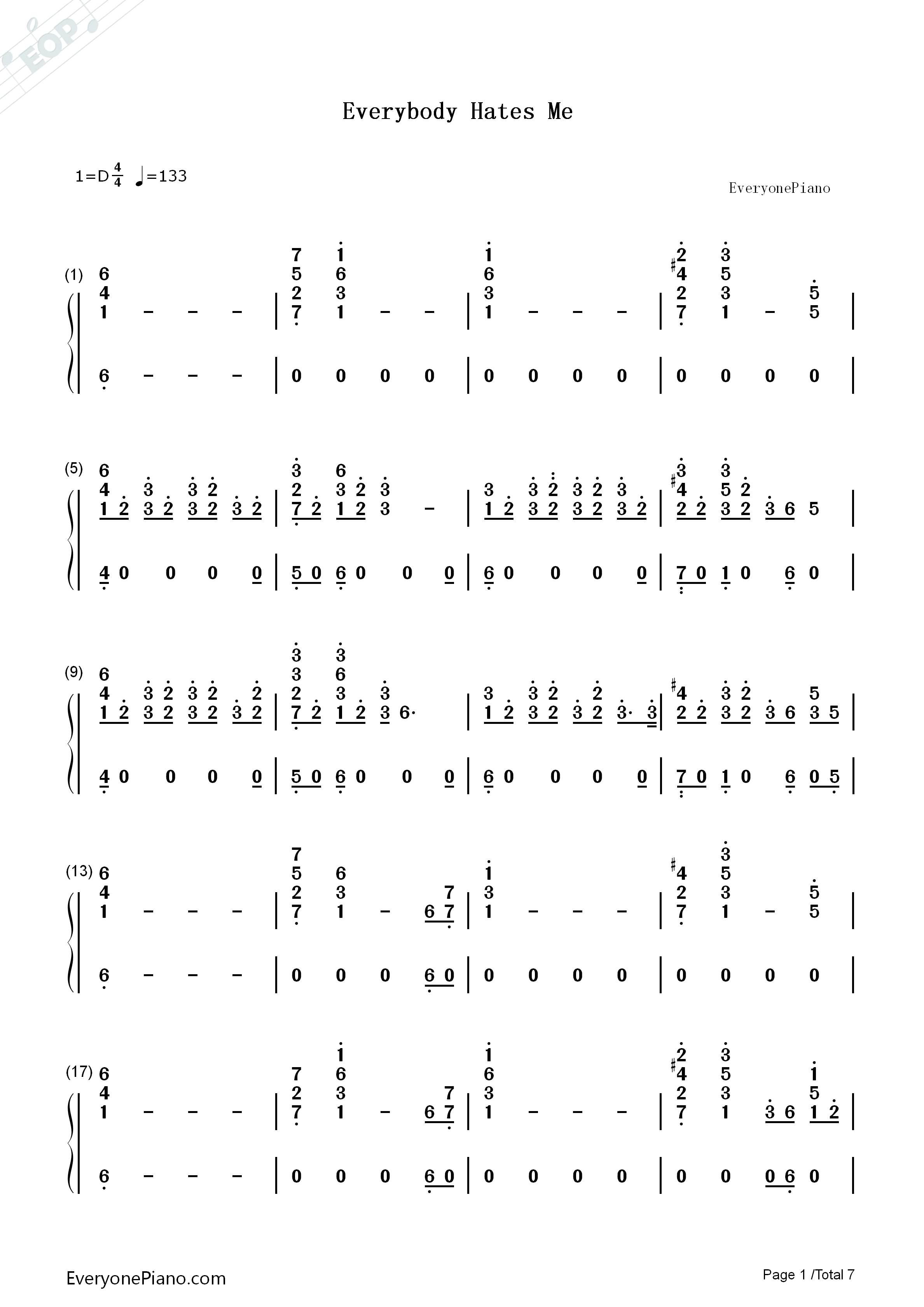 Everybody_Hates_Me钢琴简谱_The_Chainsmokers演唱
