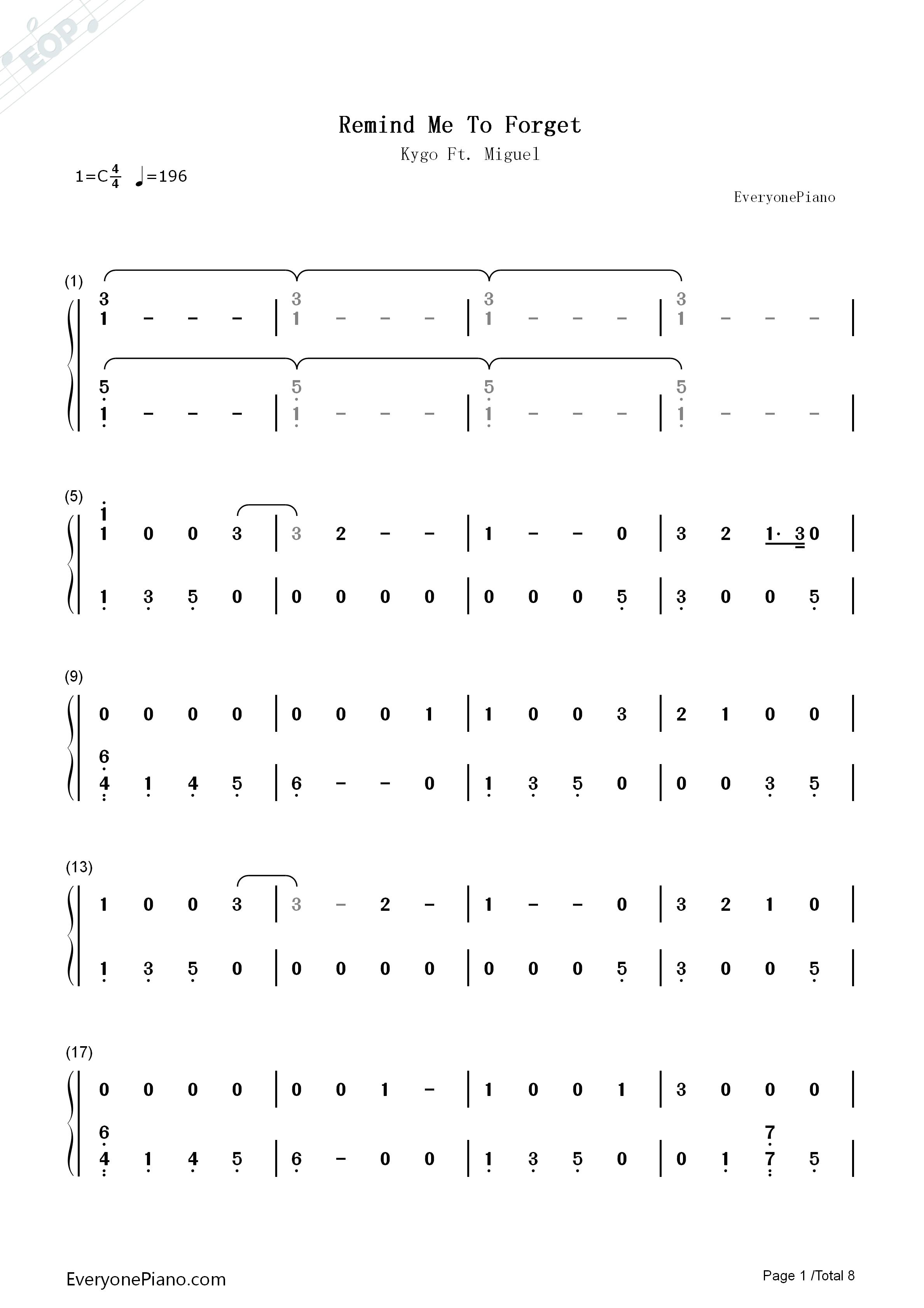 Remind_Me_To_Forget钢琴简谱_Kygo_Miguel演唱