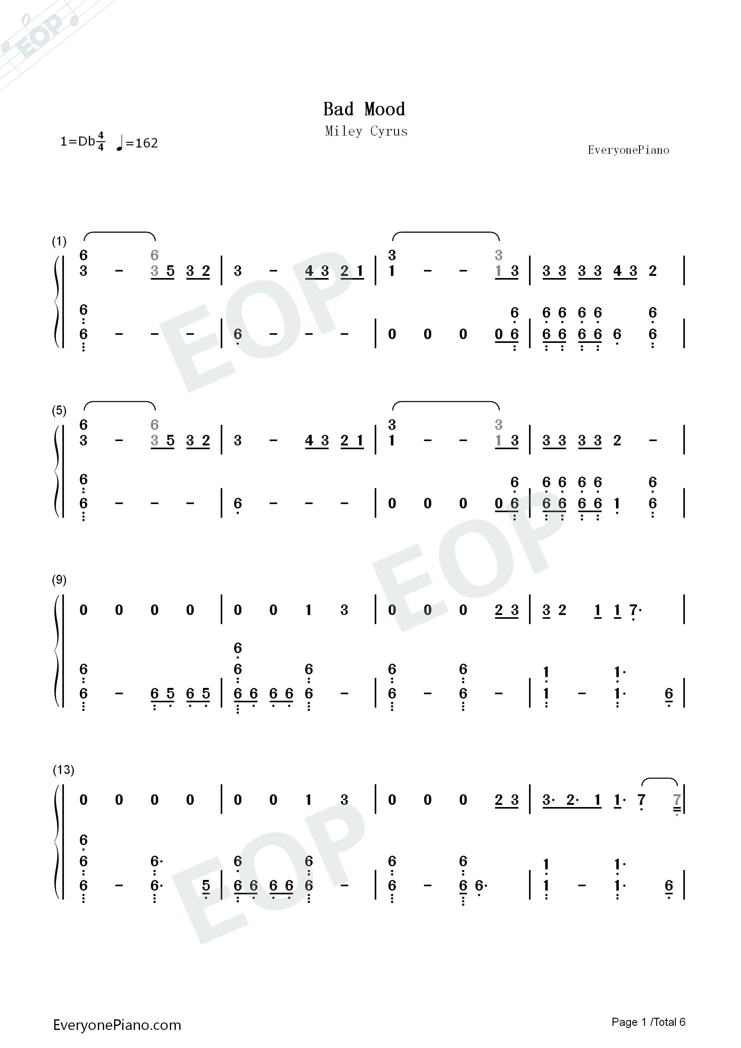 Bad_Mood钢琴简谱_Miley_Cyrus演唱