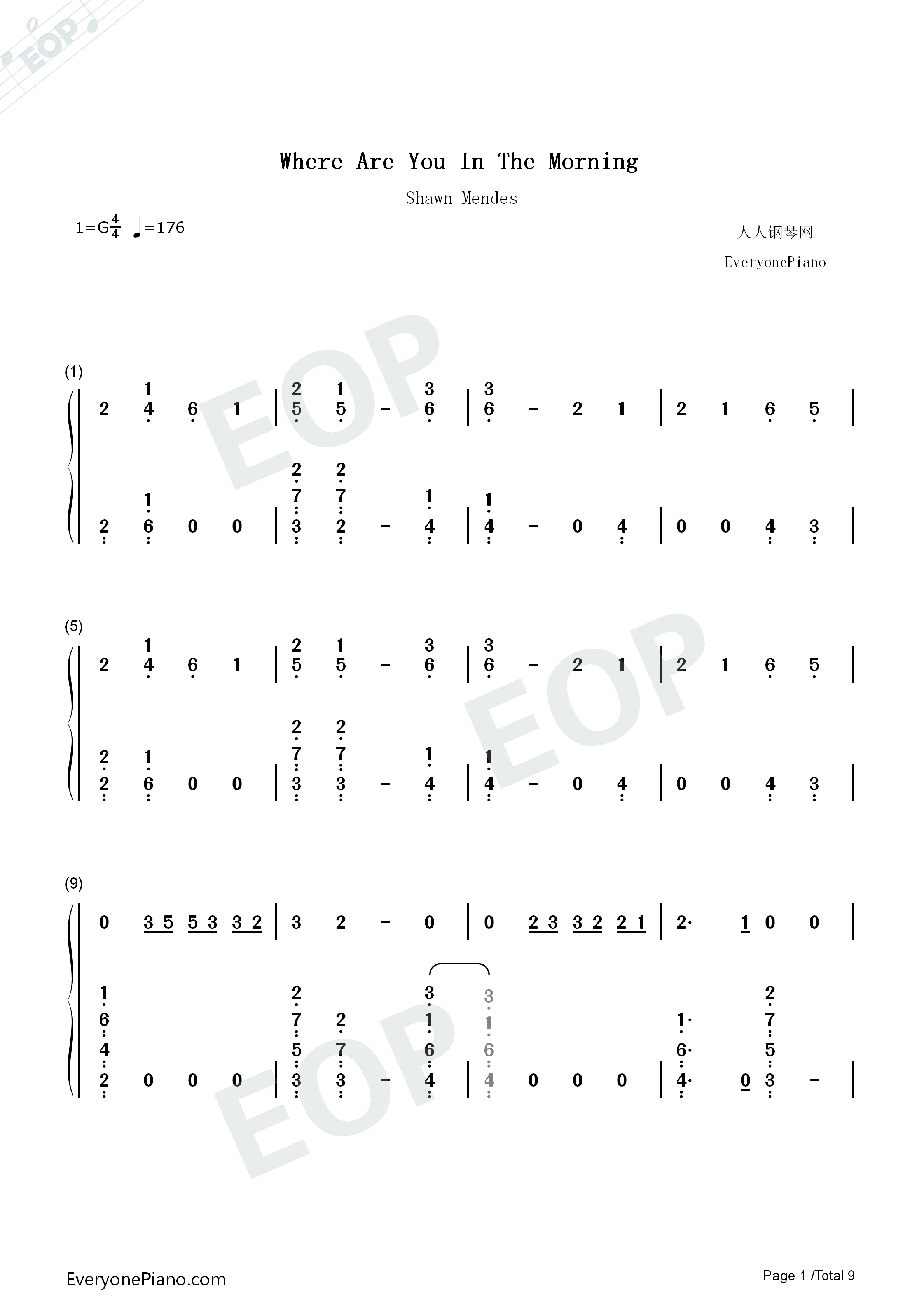 Where_Were_You_in_the_Morning钢琴简谱_Shawn_Mendes演唱