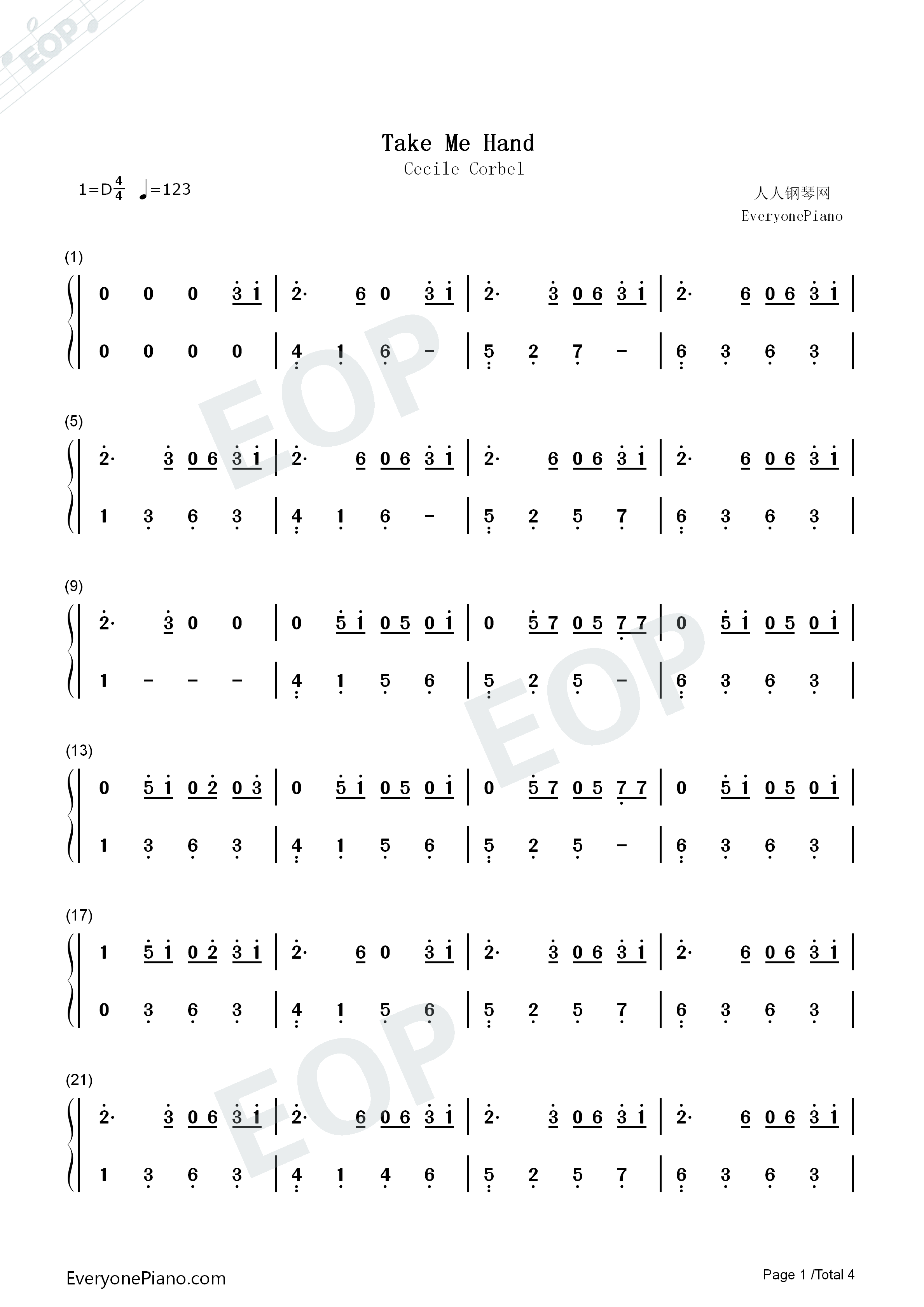 Take_Me_Hand钢琴简谱_Cecile_Corbel演唱