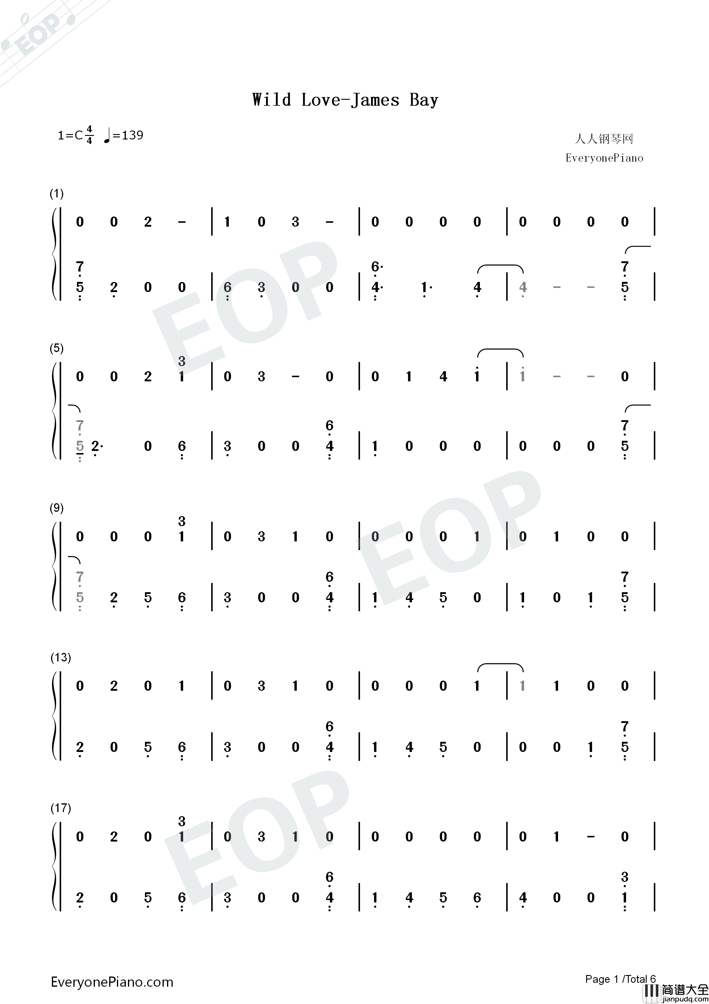 Wild_Love钢琴简谱_James_Bay演唱
