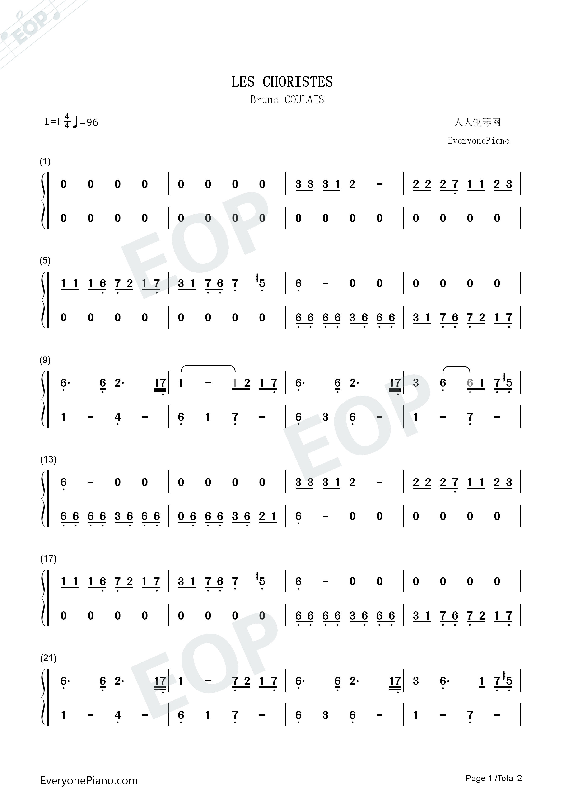 Les_Choristes钢琴简谱_Bruno_Coulais演唱