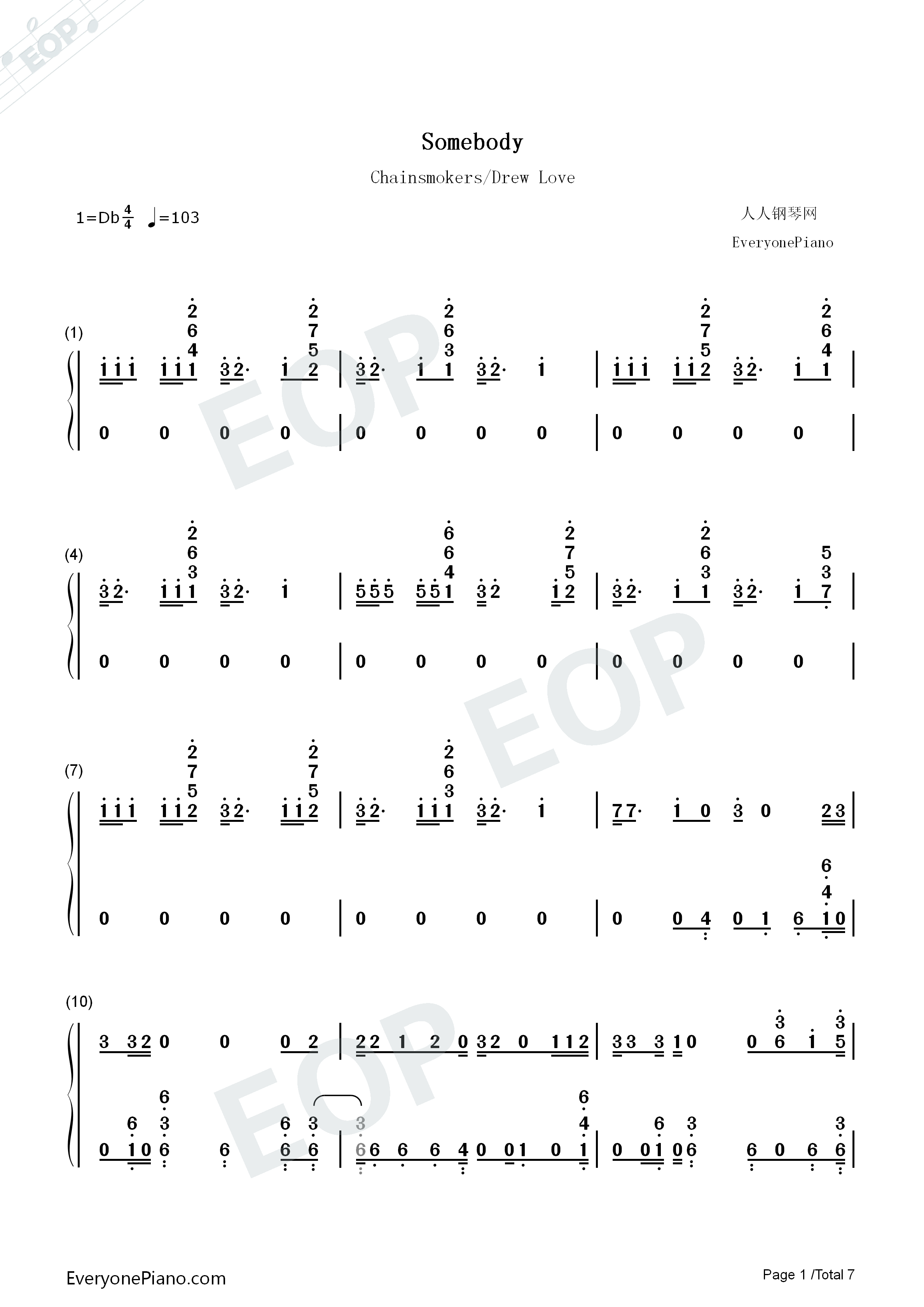 Somebody钢琴简谱_The_Chainsmokers_Drew_Love演唱