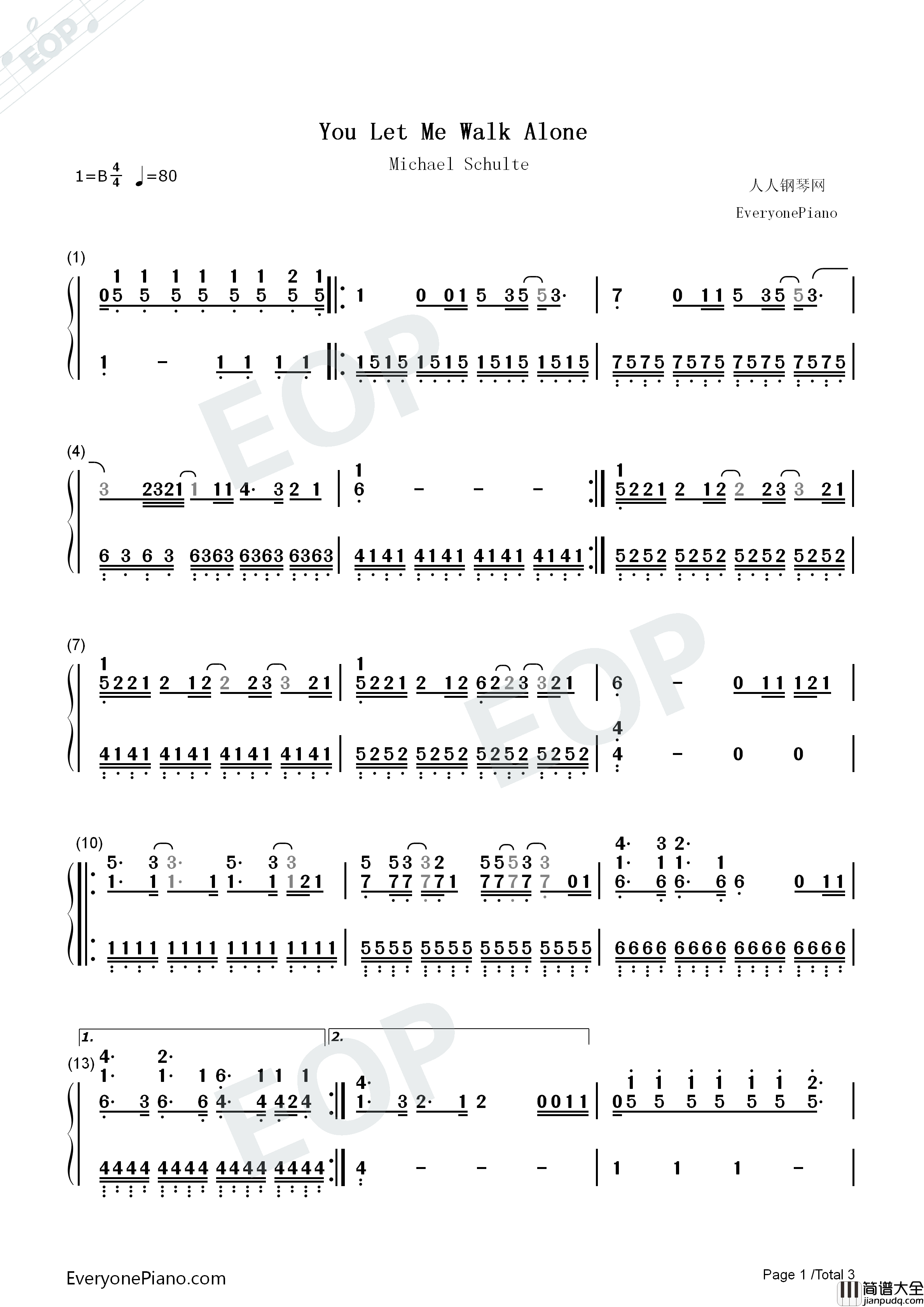 You_Let_Me_Walk_Alone钢琴简谱_Michael_Schulte演唱