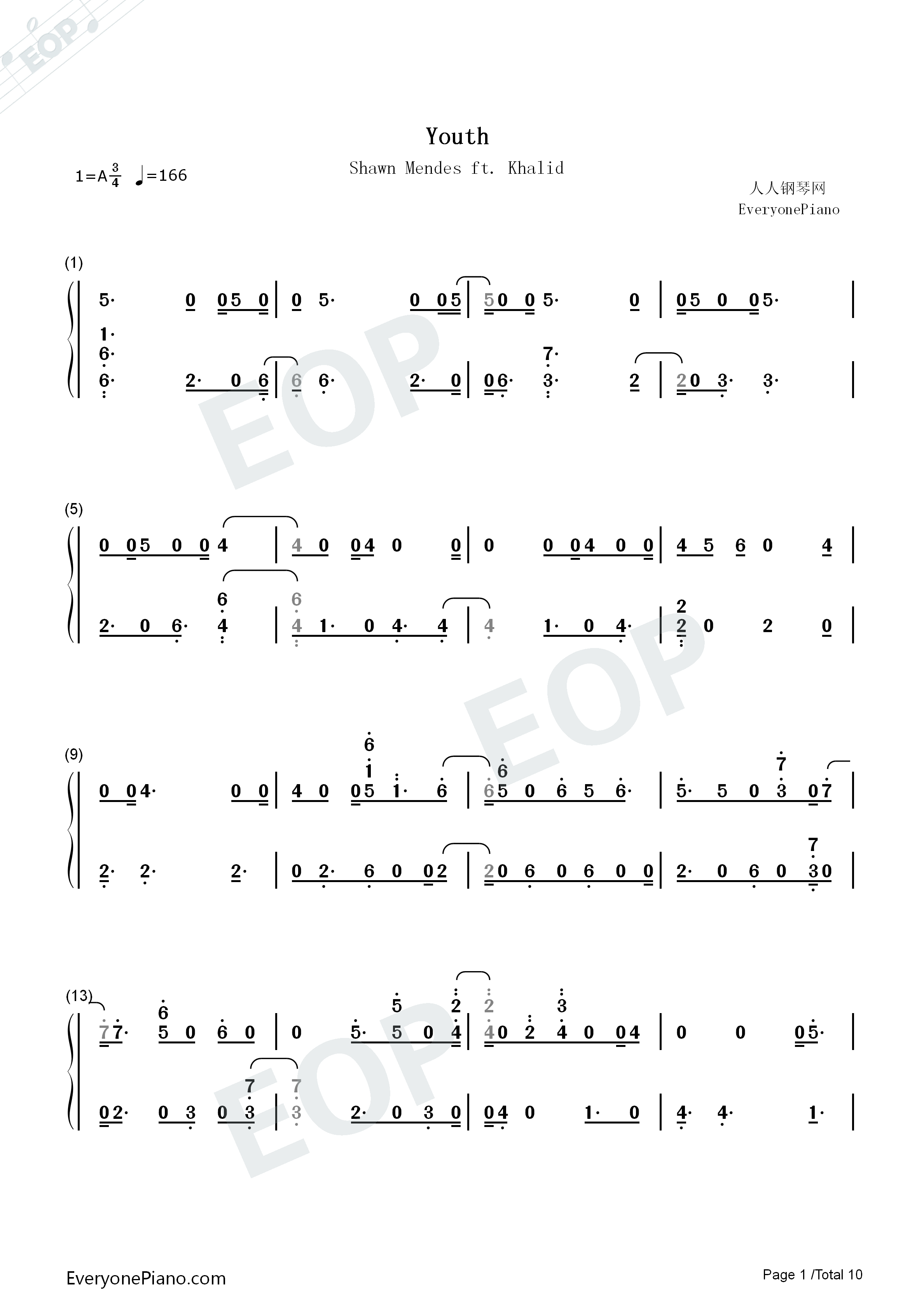 Youth钢琴简谱_Shawn_Mendes_Khalid演唱