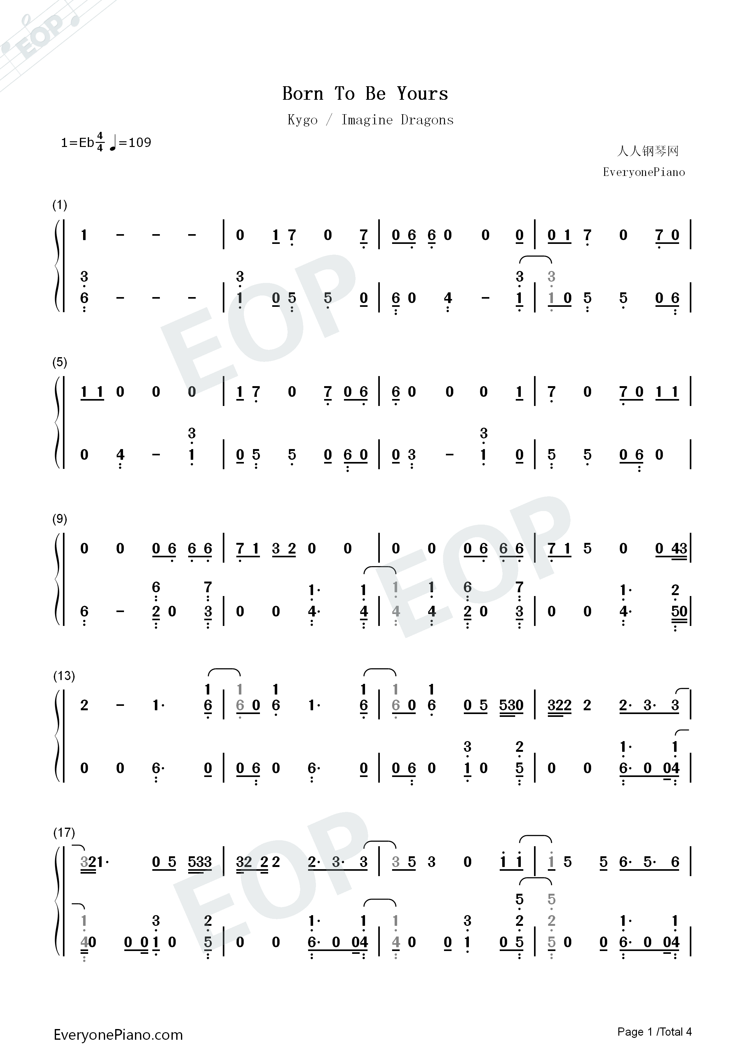Born_To_Be_Yours钢琴简谱_Kygo_Imagine_Dragons演唱