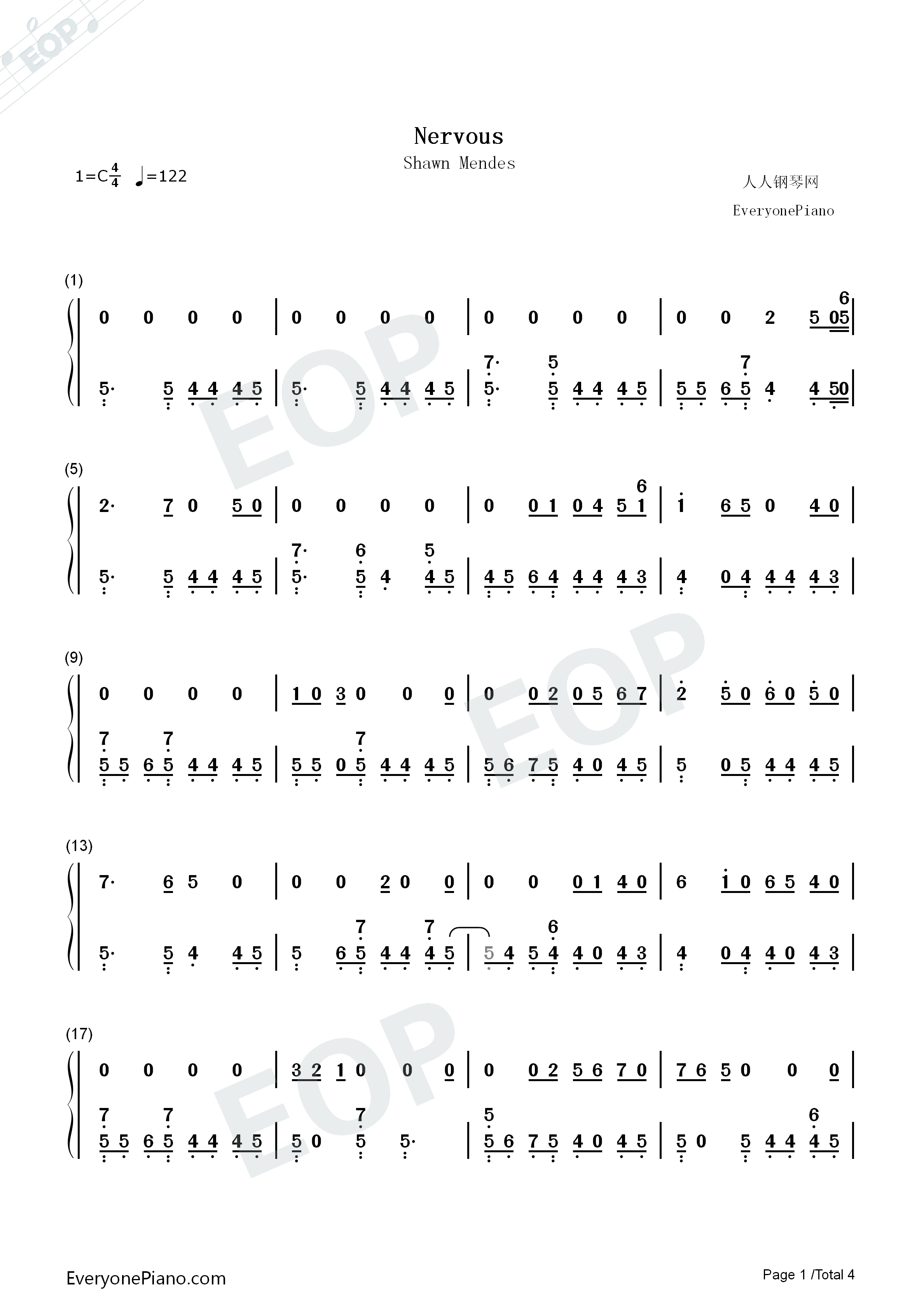 Nervous钢琴简谱_Shawn_Mendes演唱