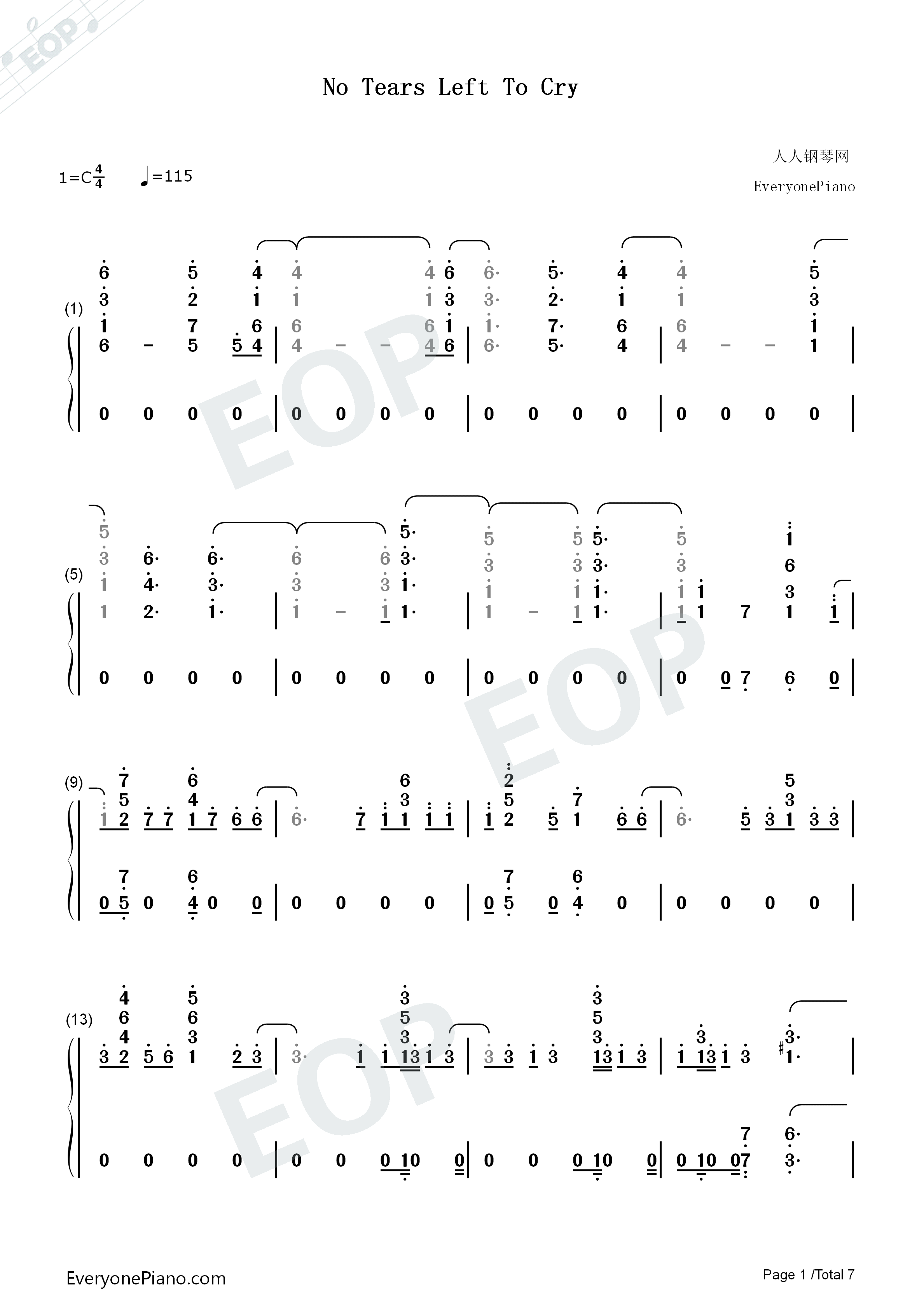 No_Tears_Left_To_Cry钢琴简谱_Ariana_Grande演唱