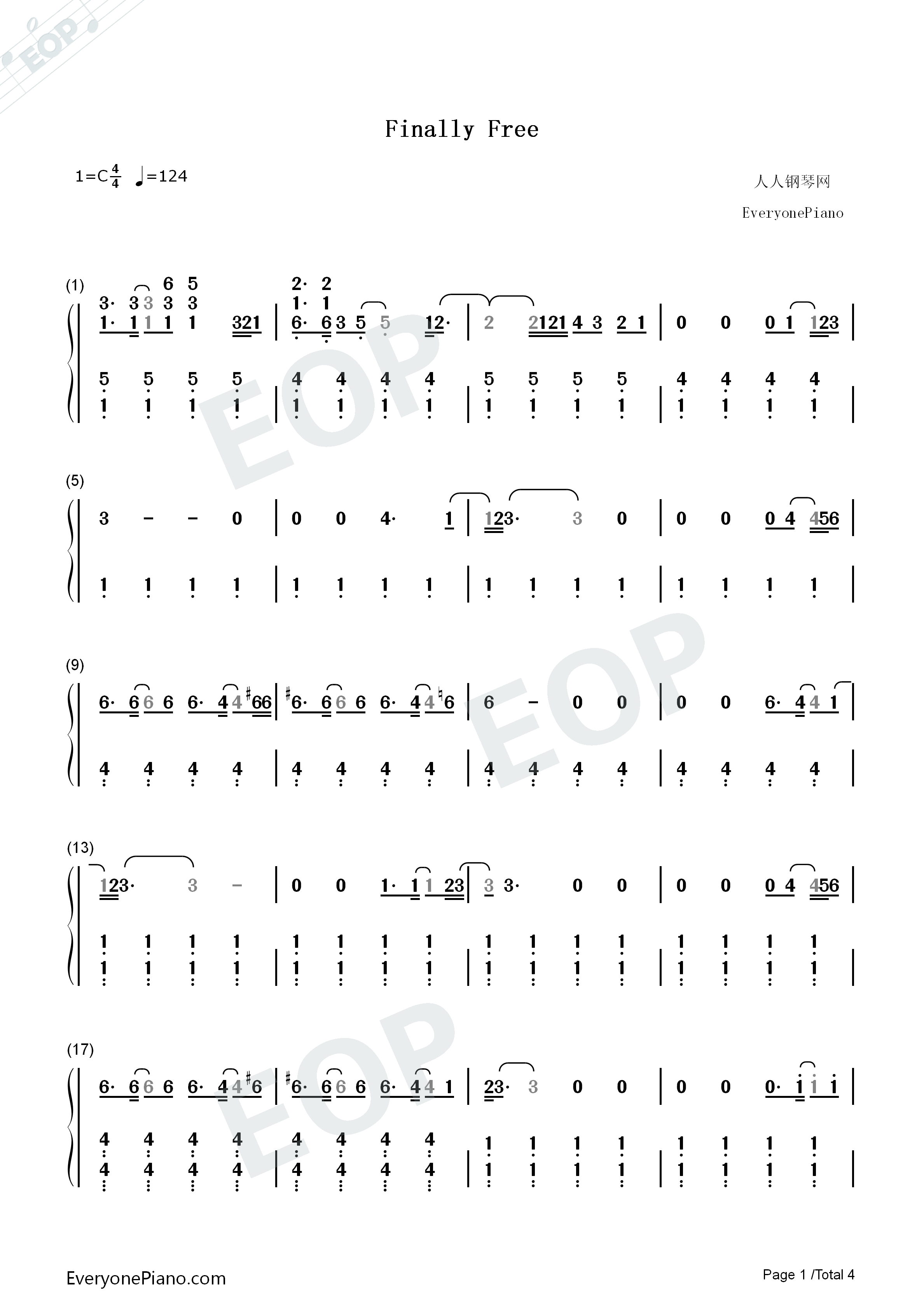 Finally_Free钢琴简谱_Niall_Horan演唱