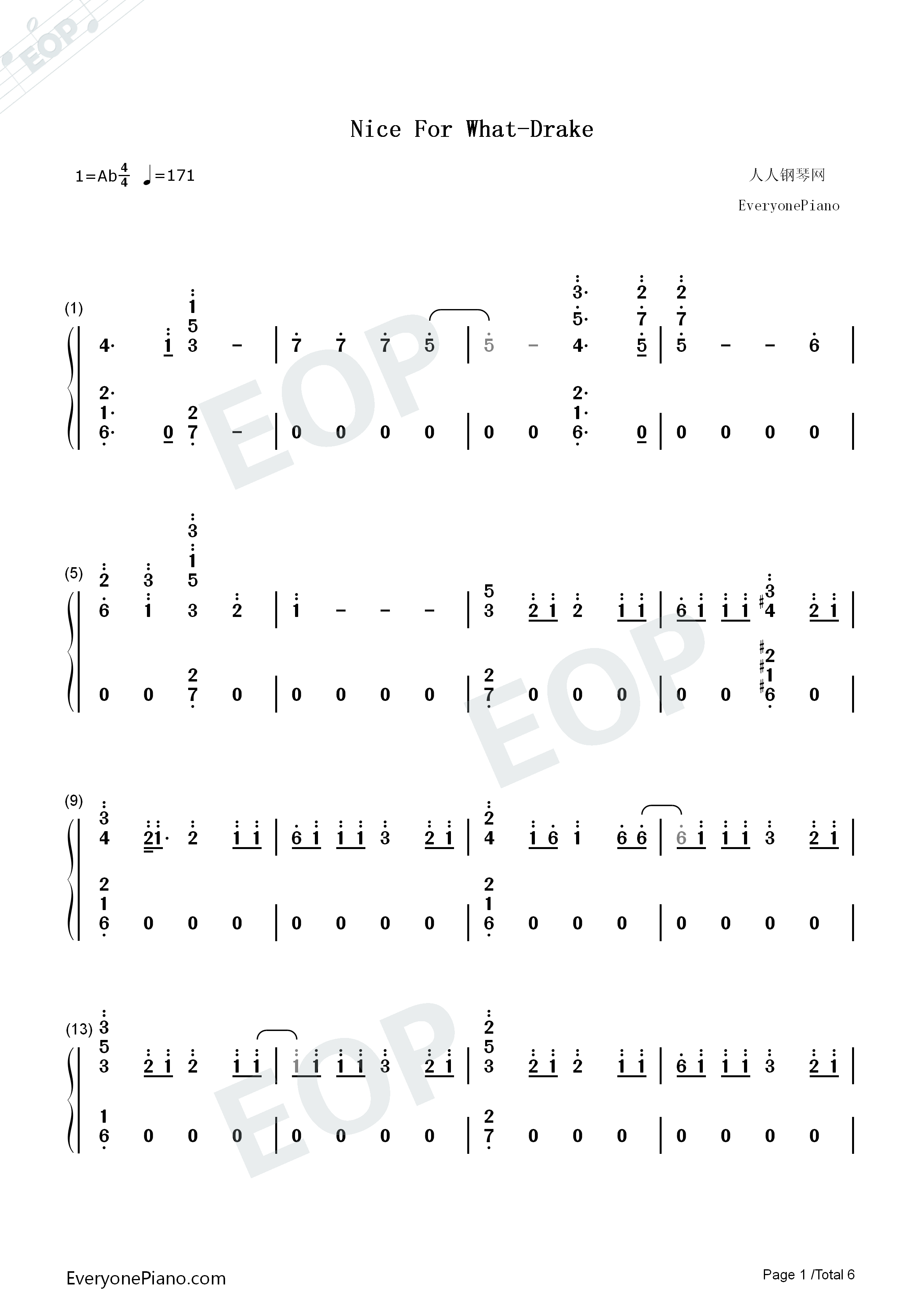 Nice_For_What钢琴简谱_Drake演唱