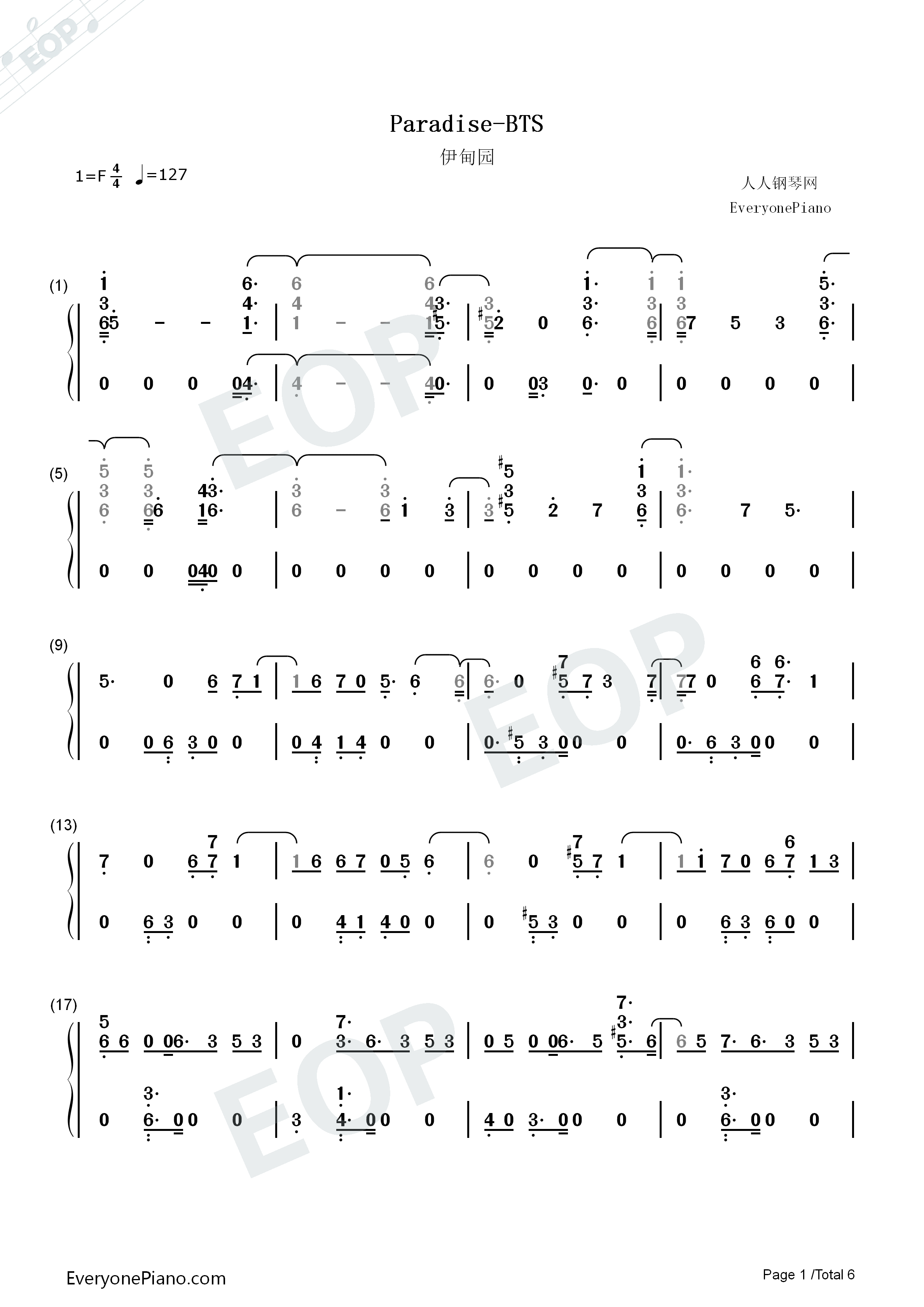 Paradise钢琴简谱_防弹少年团演唱