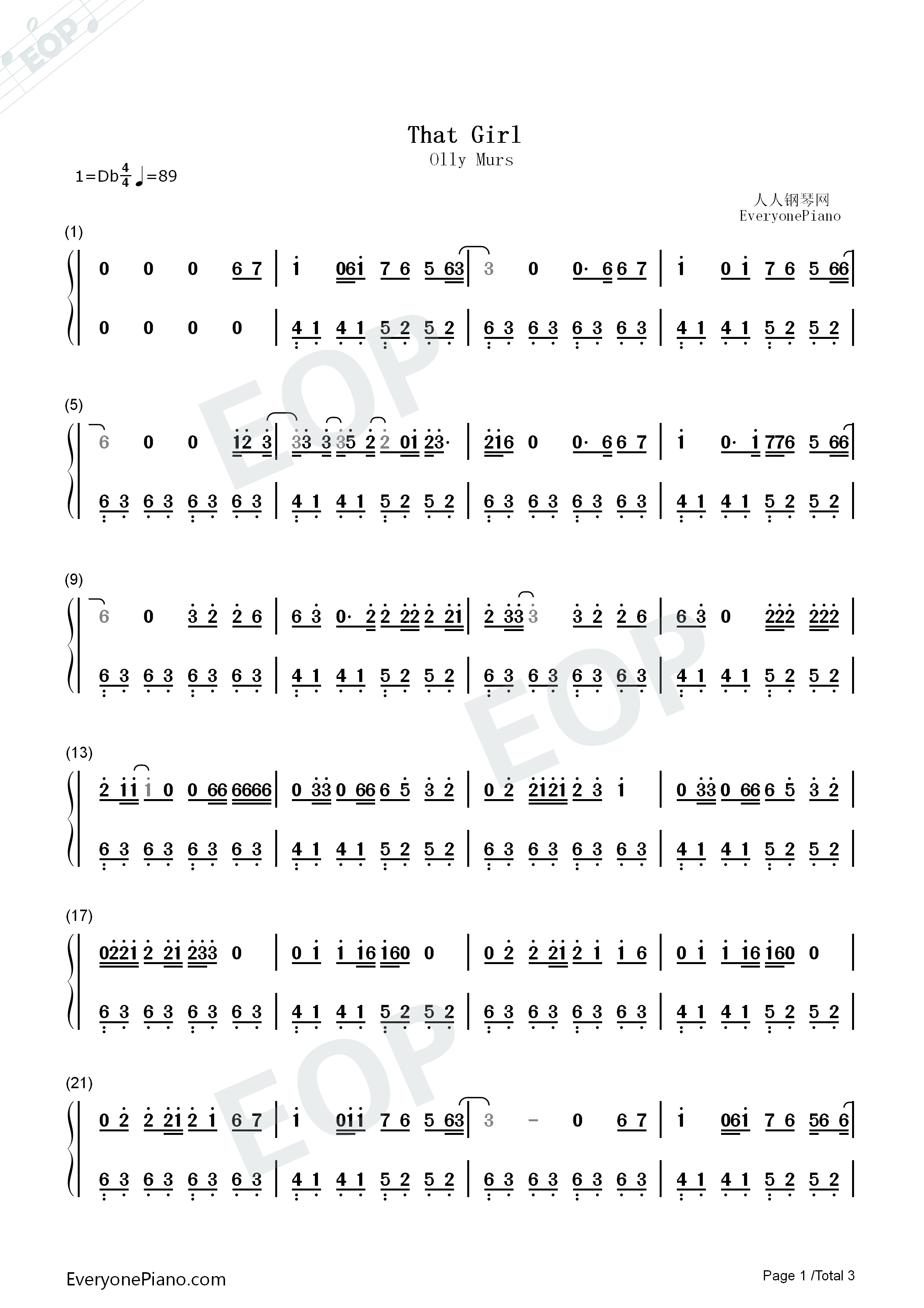 That_Girl钢琴简谱_Olly_Murs演唱