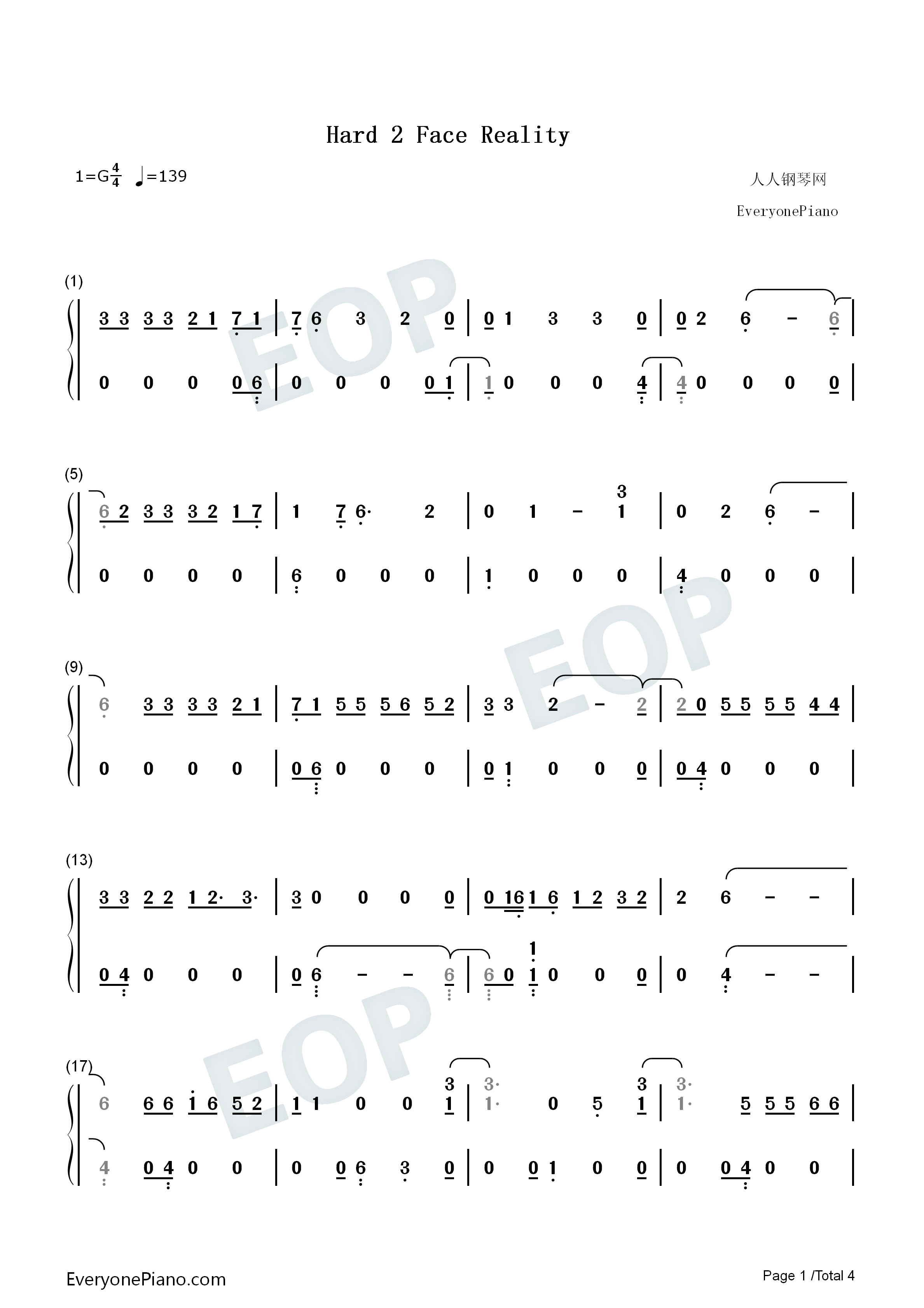 Hard_2_Face_Reality钢琴简谱_Poo_Bear_Justin_Bieber_Jay_Electronica演唱