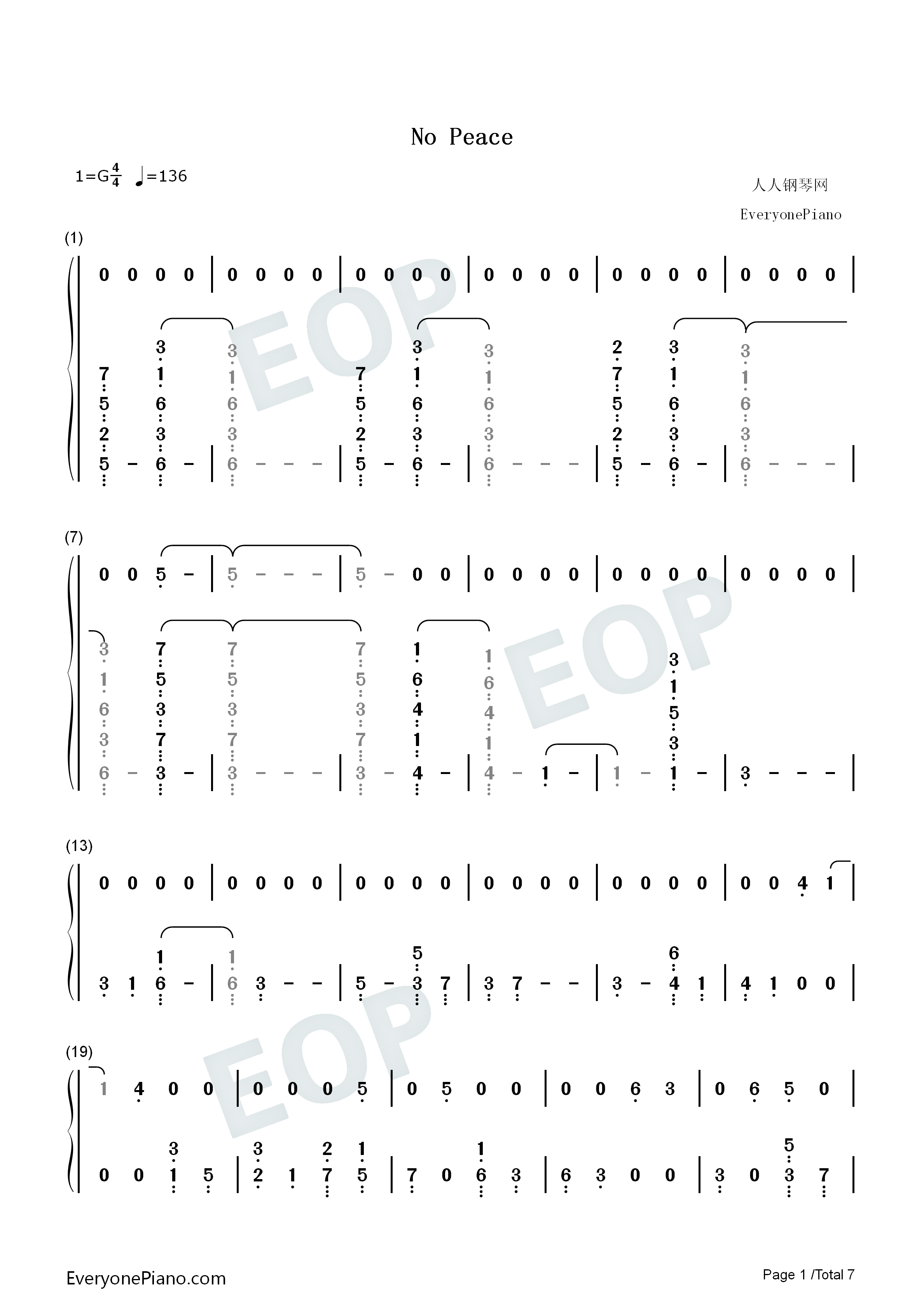 No_Peace钢琴简谱_Sam_Smith_YEBBA演唱