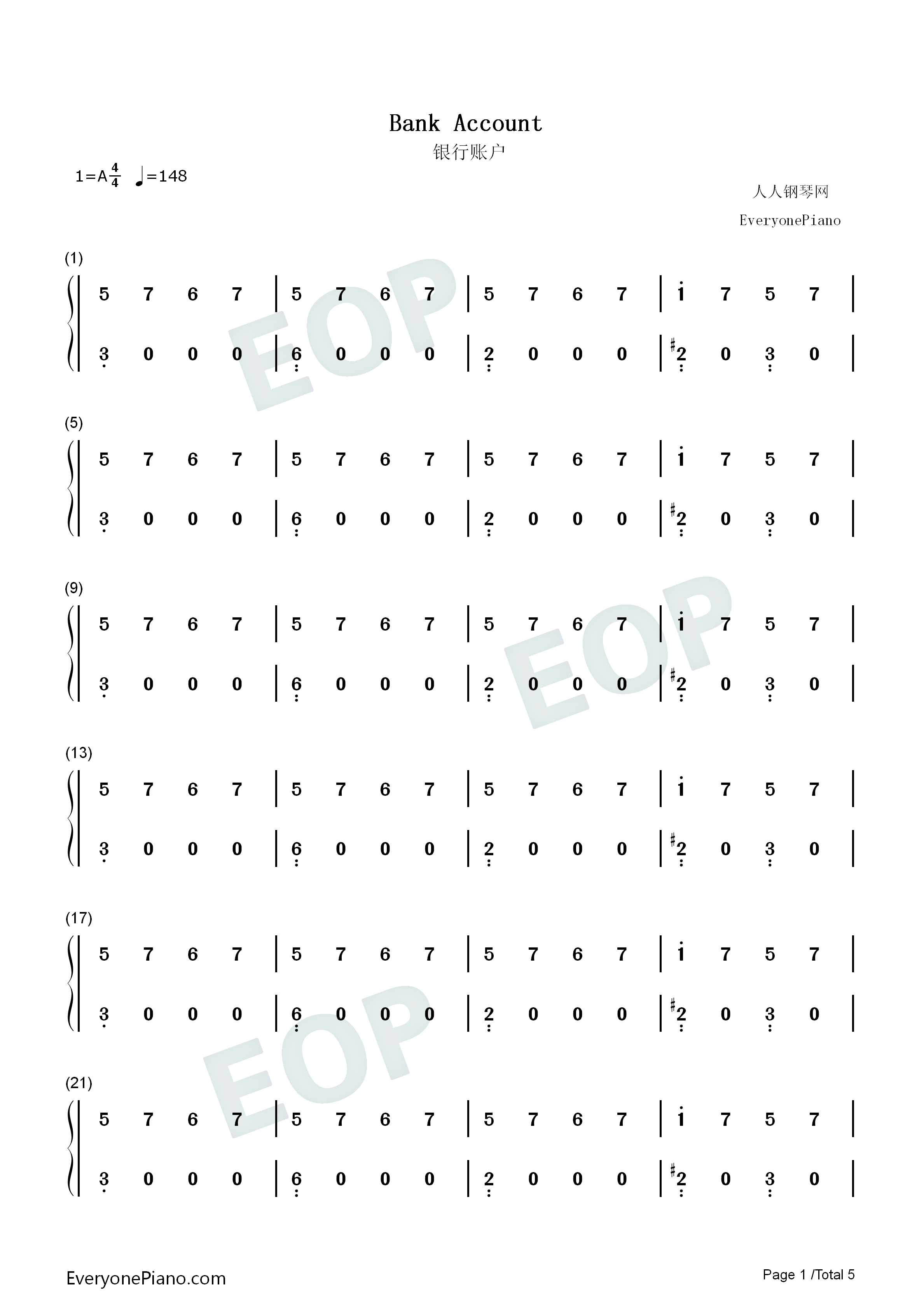 Bank_Account钢琴简谱_21_Savage演唱